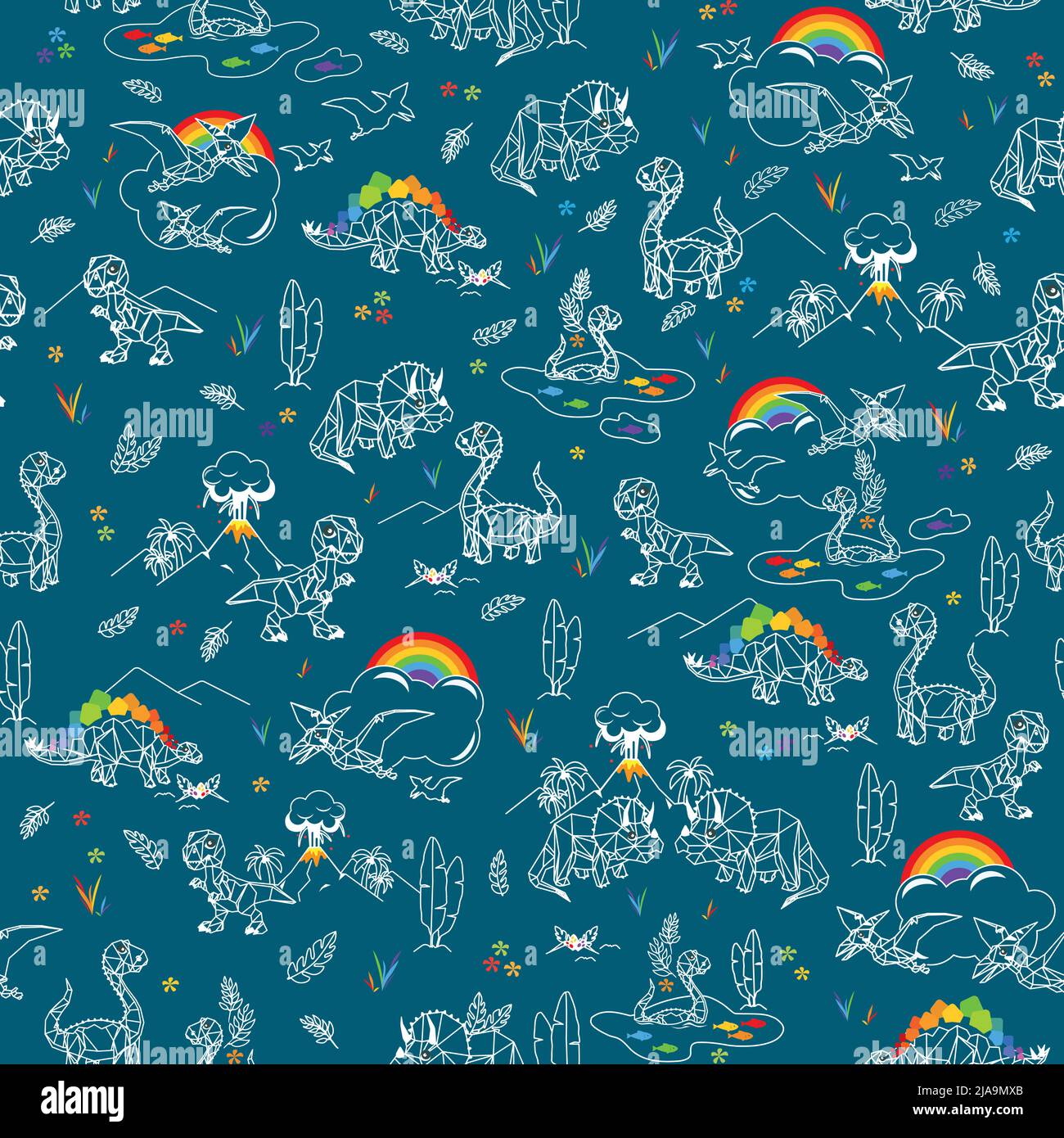 Cute origami dinosaurs and rainbows pattern Stock Vector