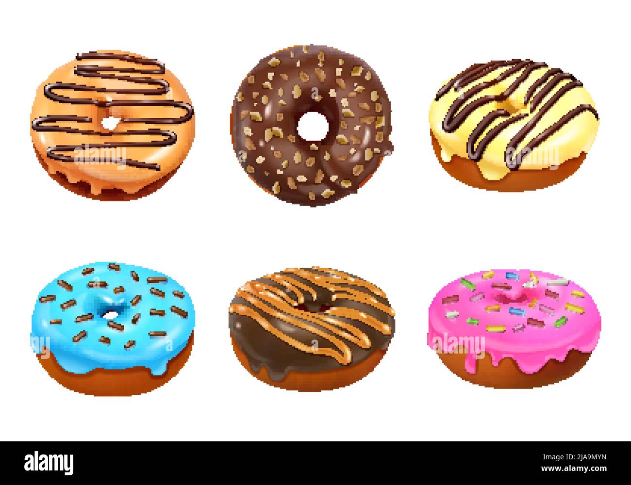 Six sweet doughnuts covered with multicolored glaze isolated icons on white background realistic vector illustration Stock Vector