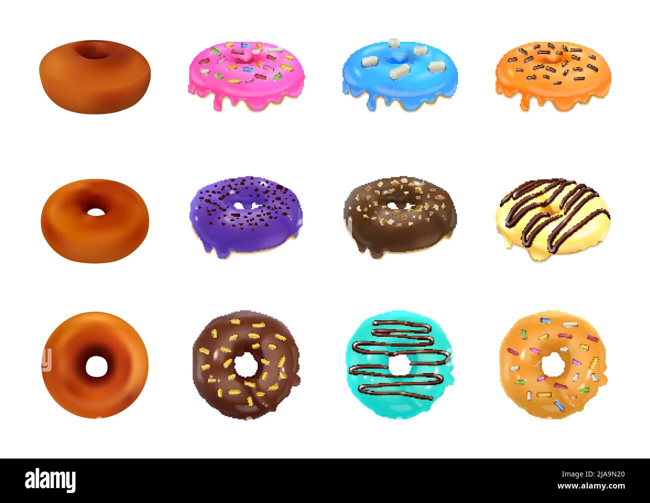 Donuts collection of colored glazed sweet pastries isolated on white background realistic vector illustration Stock Vector