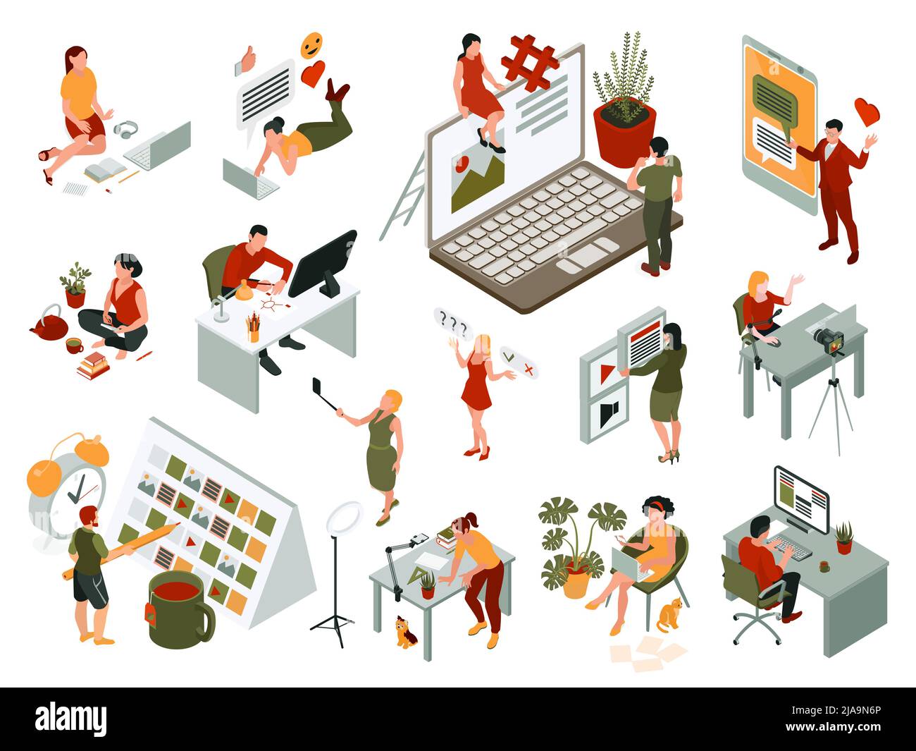 Content manager set with copywriter and blogger isometric isolated ...