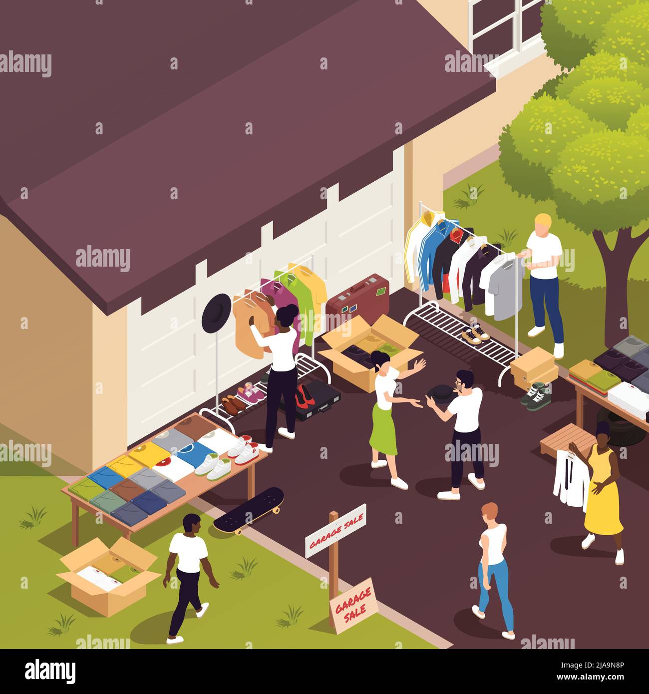Flea market and garage sale isometric composition with people choosing