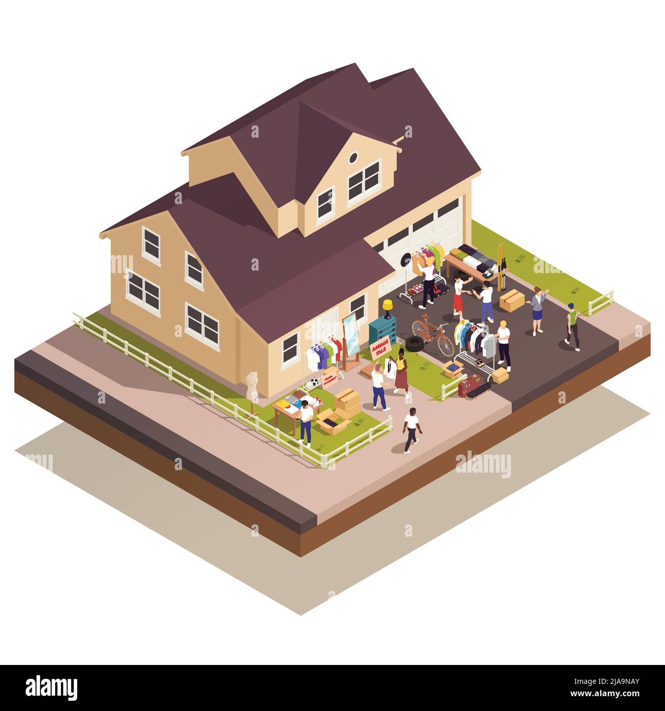 Garage sale and flea market compositions with isometric house and