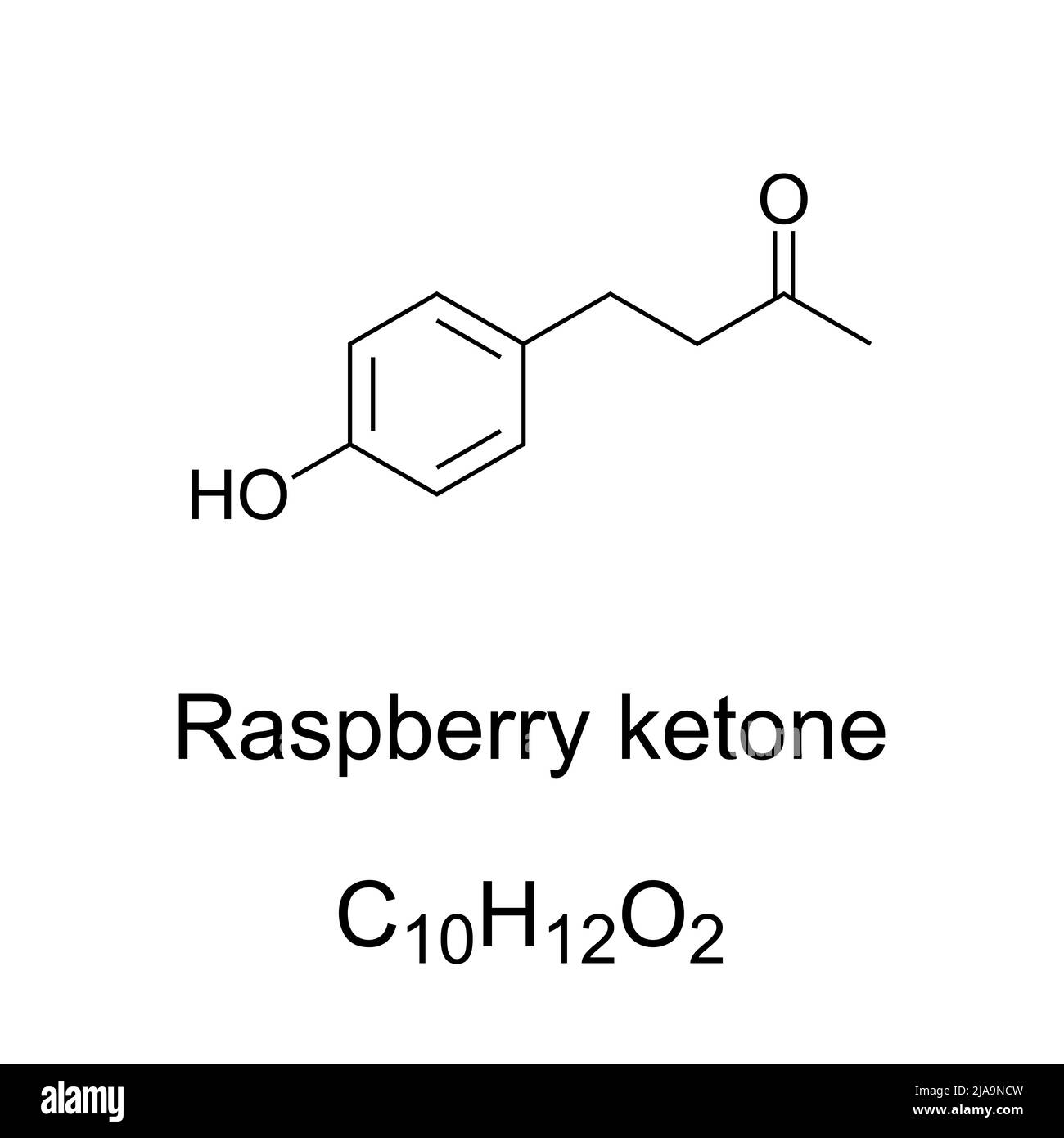 Raspberry ketone, chemical formula and structure. Natural phenolic aroma compound of red raspberries. Occurs also in cranberries and blackberries. Stock Photo