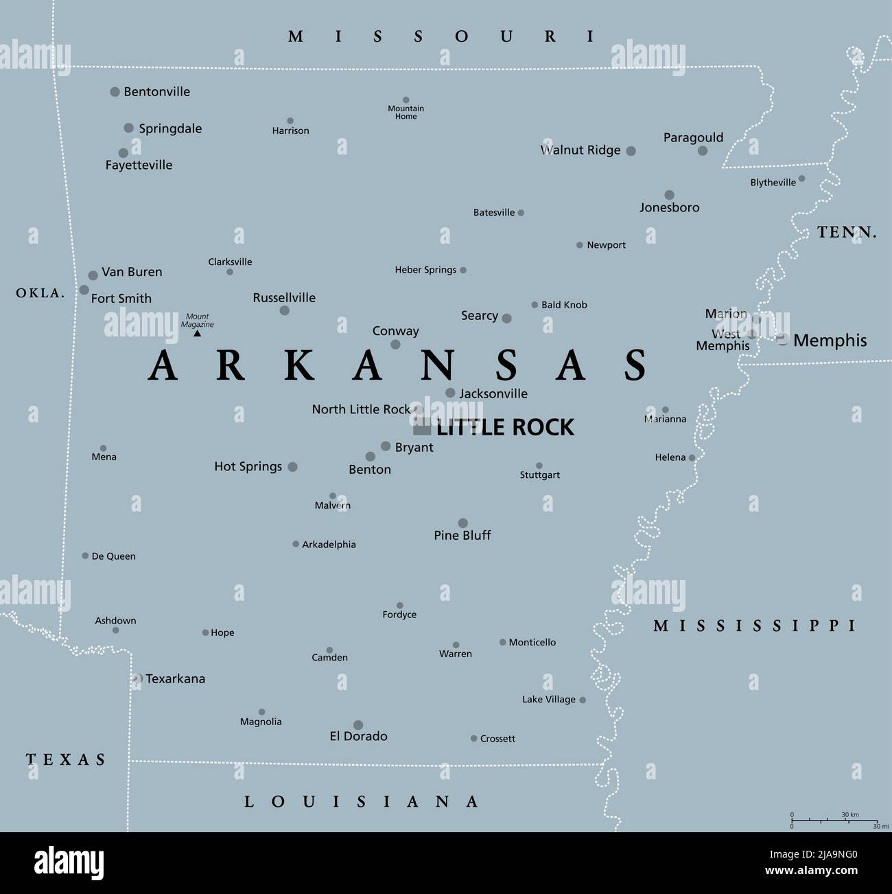Arkansas, AR, gray political map, with the capital Little Rock and large, important cities. Landlocked state in the South Central United States. Stock Photo
