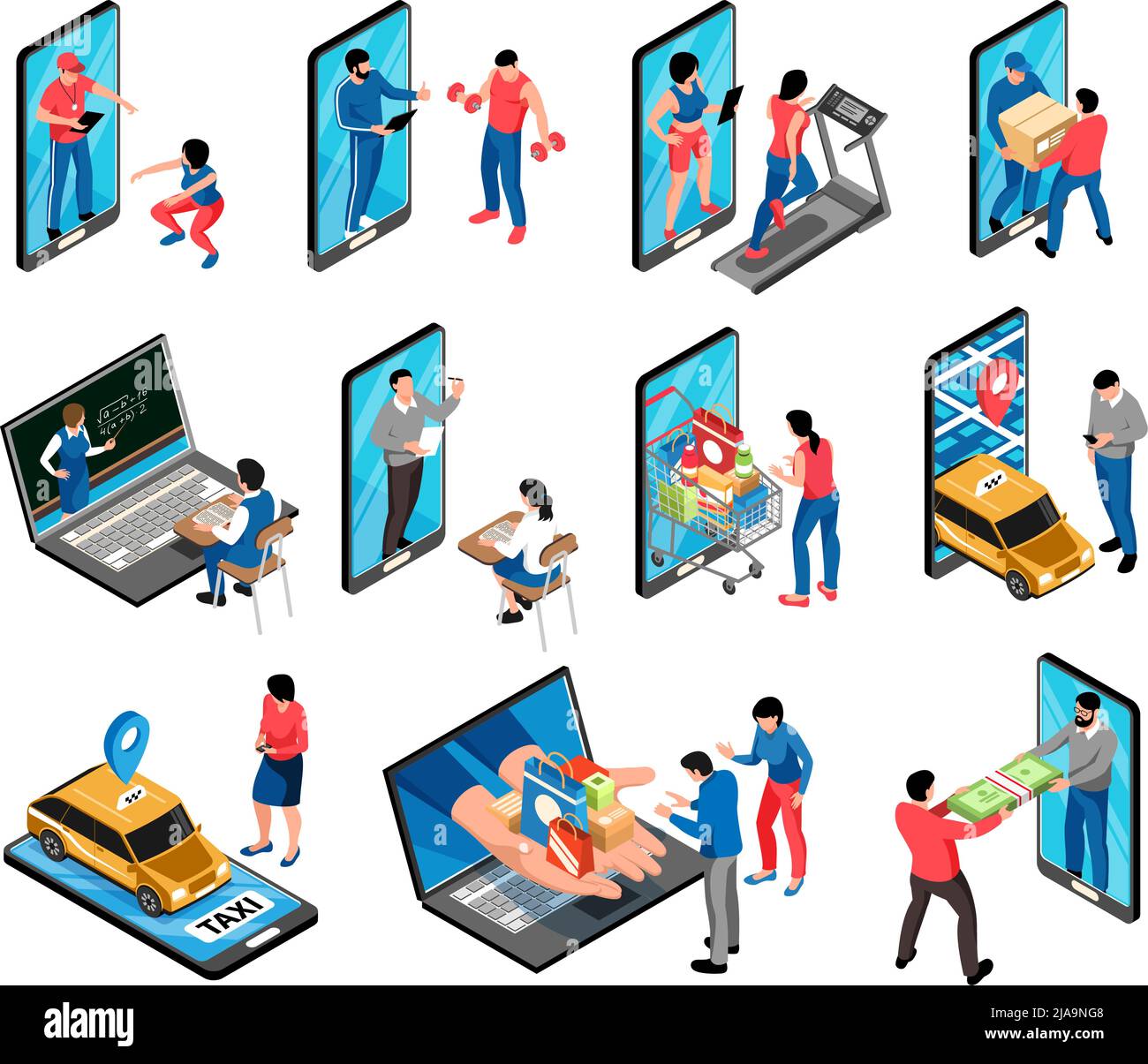 Online service set with workout and shopping symbols isometric isolated vector illustration Stock Vector