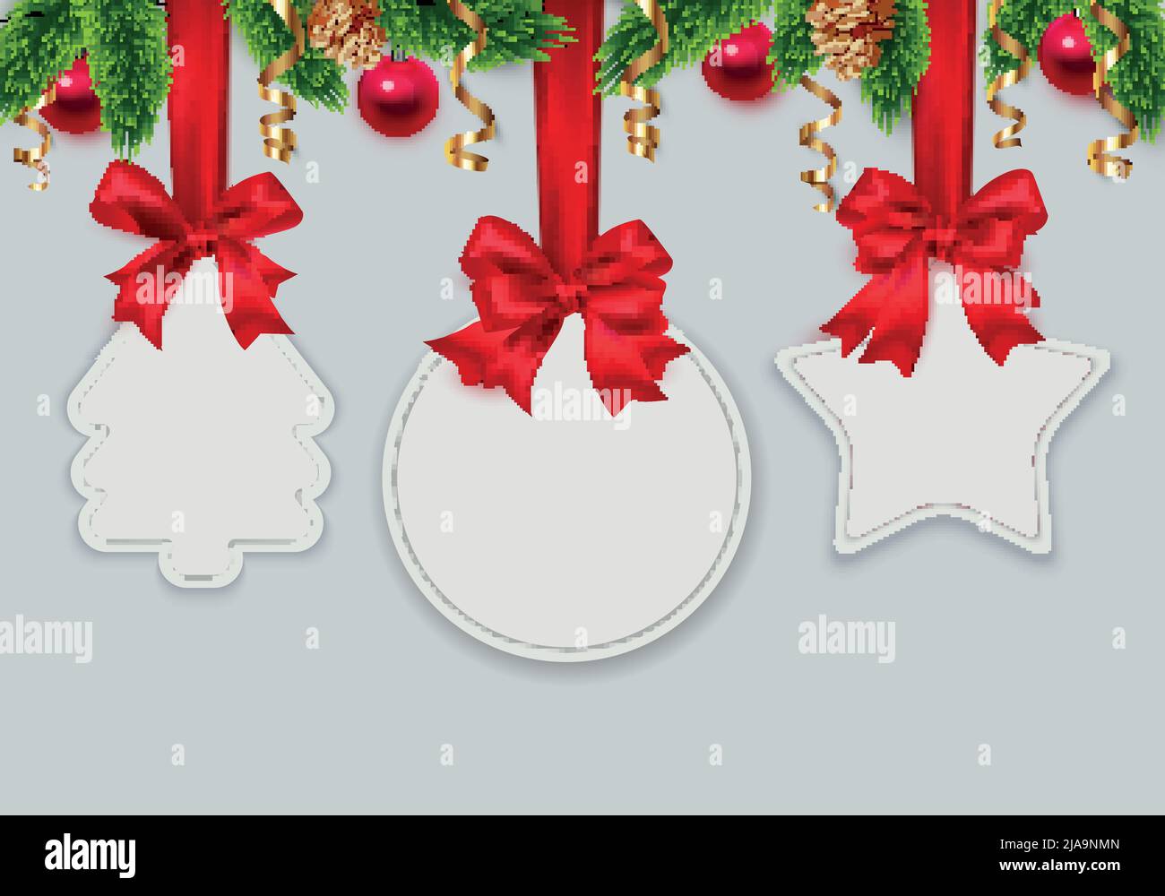 christmas-labels-realistic-set-with-tree-ball-and-star-shaped-frames-hanging-on-red-ribbon-bows-vector-illustration-stock-vector-image-art-alamy