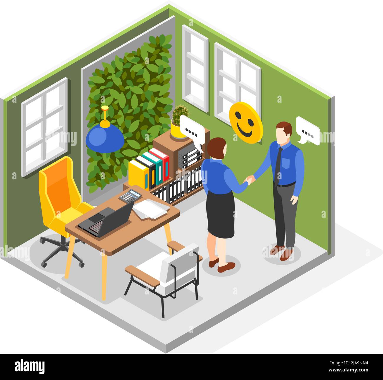 Soft skills isometric composition with two office workers communicating shaking hands 3d vector illustration Stock Vector