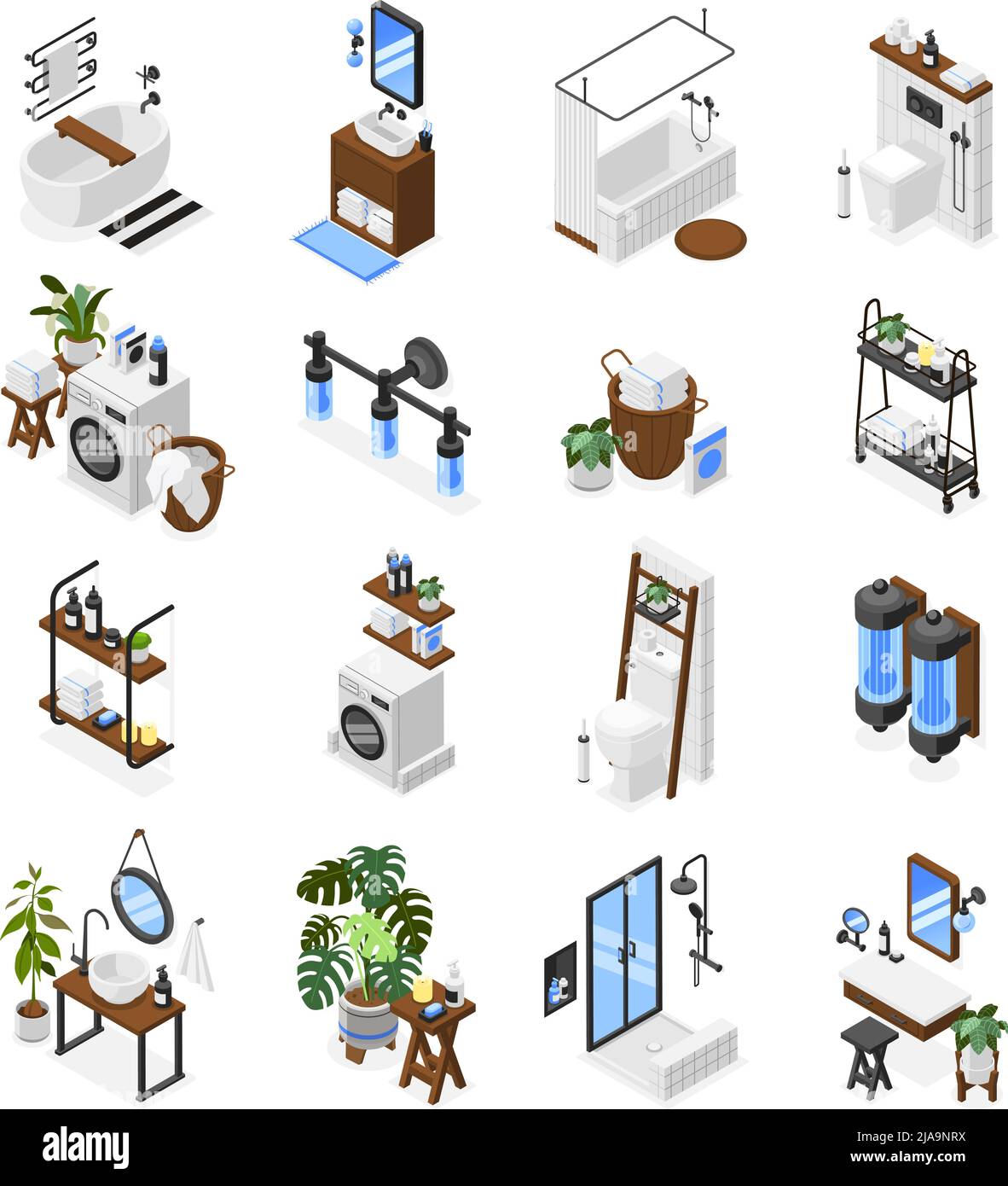 Isometric modern bathroom and toilet interiors set with equipment accessories decor elements isolated 3d vector illustration Stock Vector