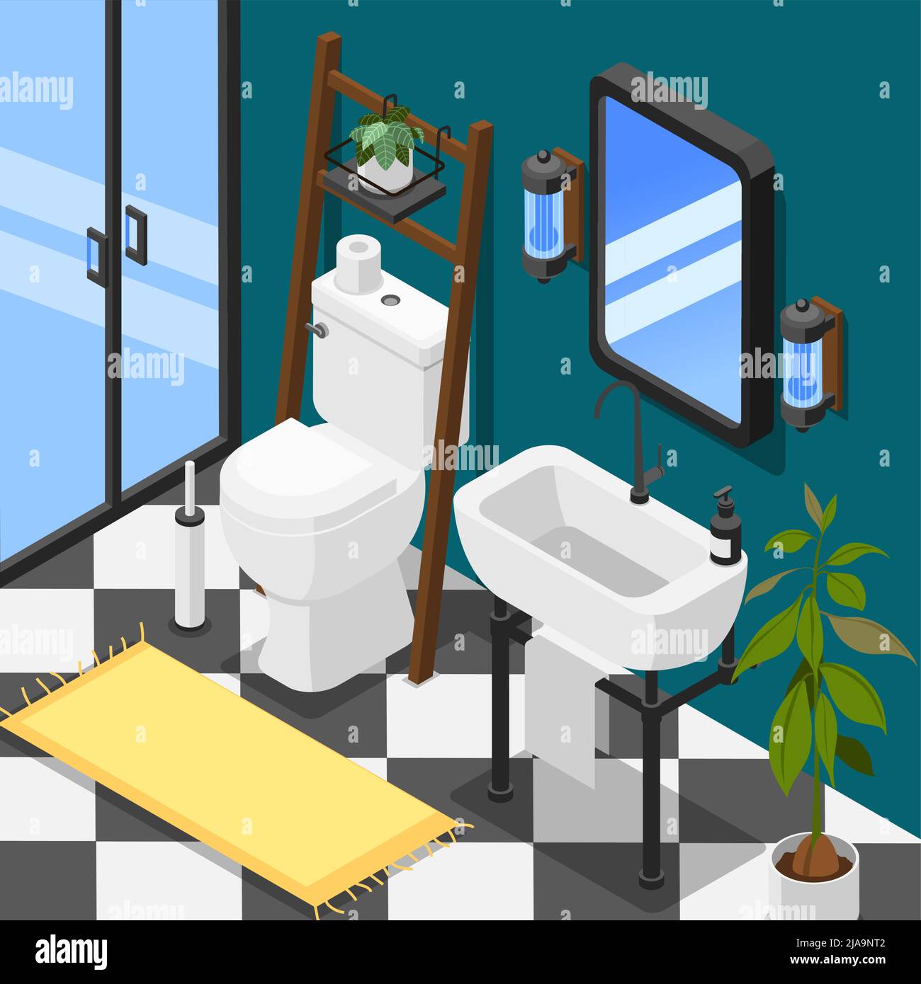 Modern toilet room bathroom interior with glass doors washbasin mirror rug on tile floor isometric background 3d vector illustration Stock Vector