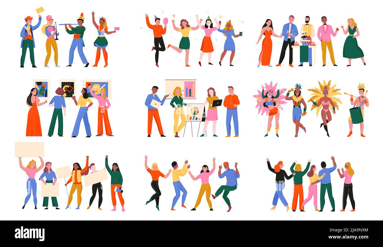 Mass event flat set of people involved in conference dance party carnival politic protest isolated vector illustration Stock Vector