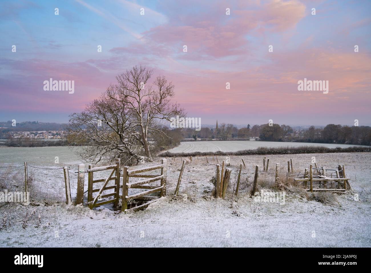Cotswold winter at dawn, North Cotswolds, England. Stock Photo