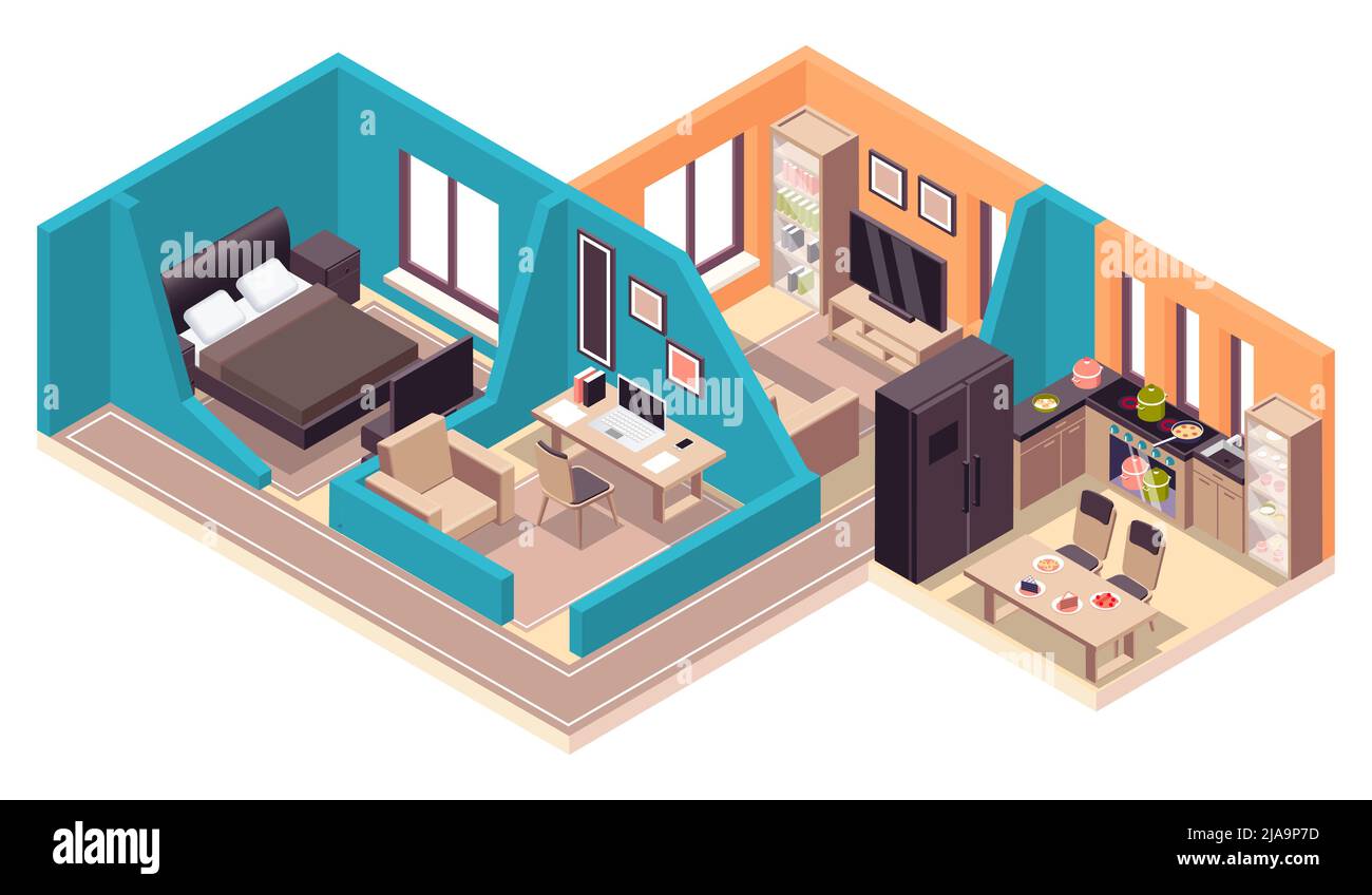 Apartment furniture isometric composition with isolated view of living ...