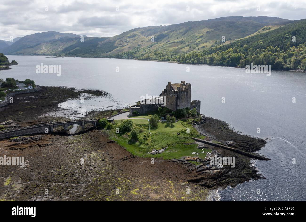 Aerial view of Eilean Donan Castle, Highland, Scotland, UK Stock Photo