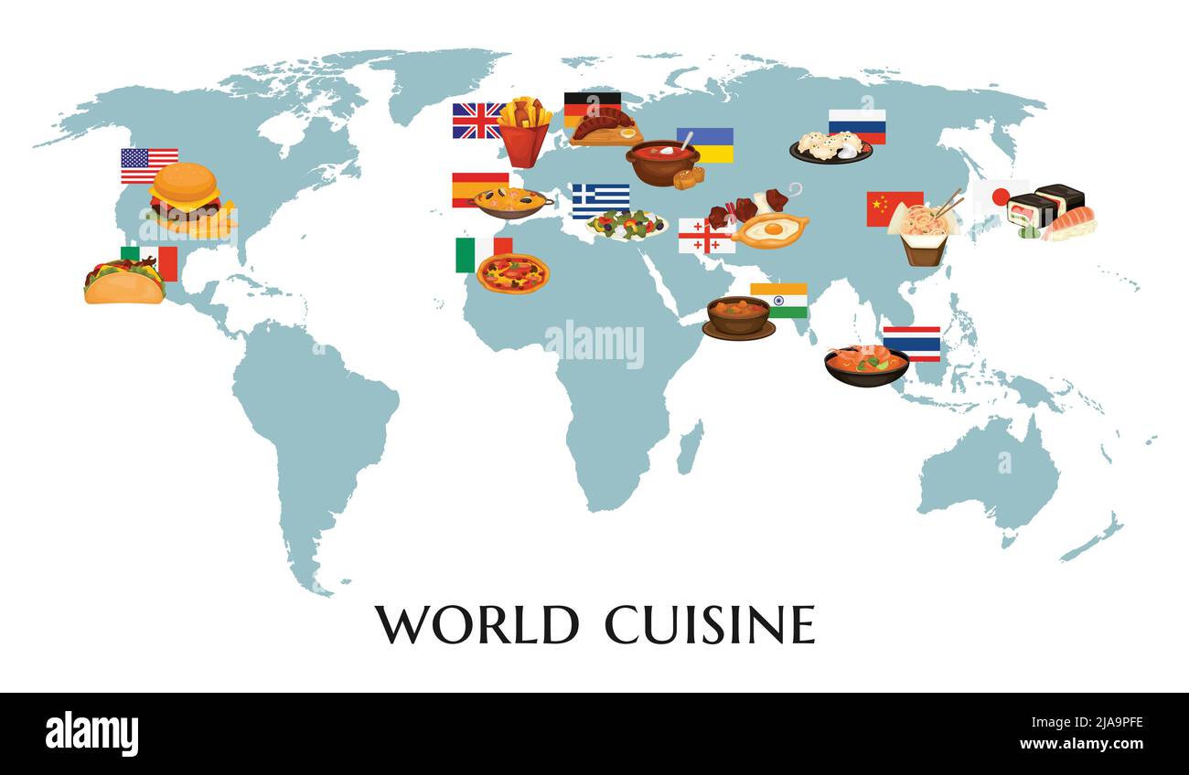 Cuisines world map composition with editable text and map of world with ...