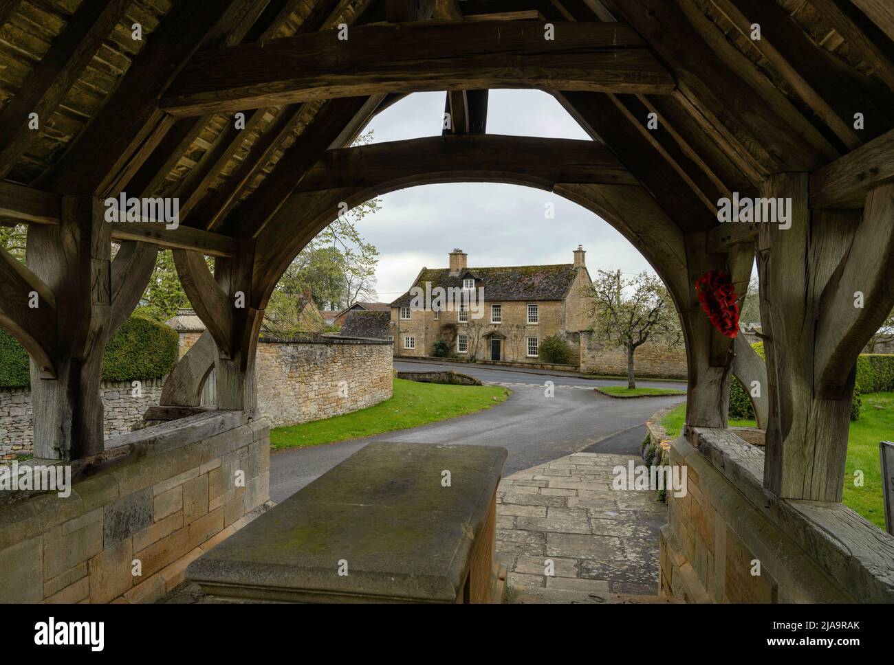 View from the lych gate at Overbury Church, Cotswolds, Gloucestershire, England. Stock Photo