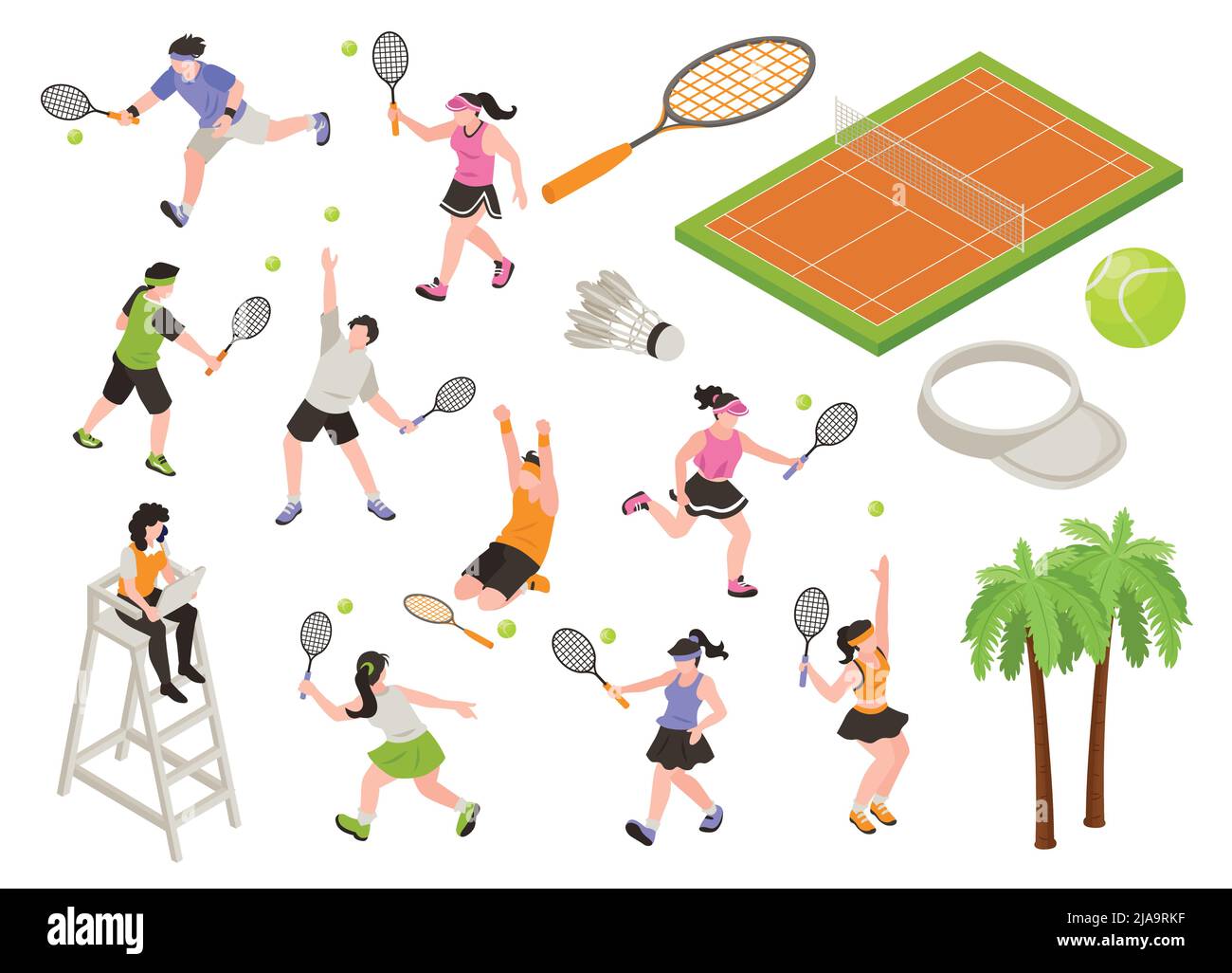 Isometric badminton set of isolated icons with sport equipment items