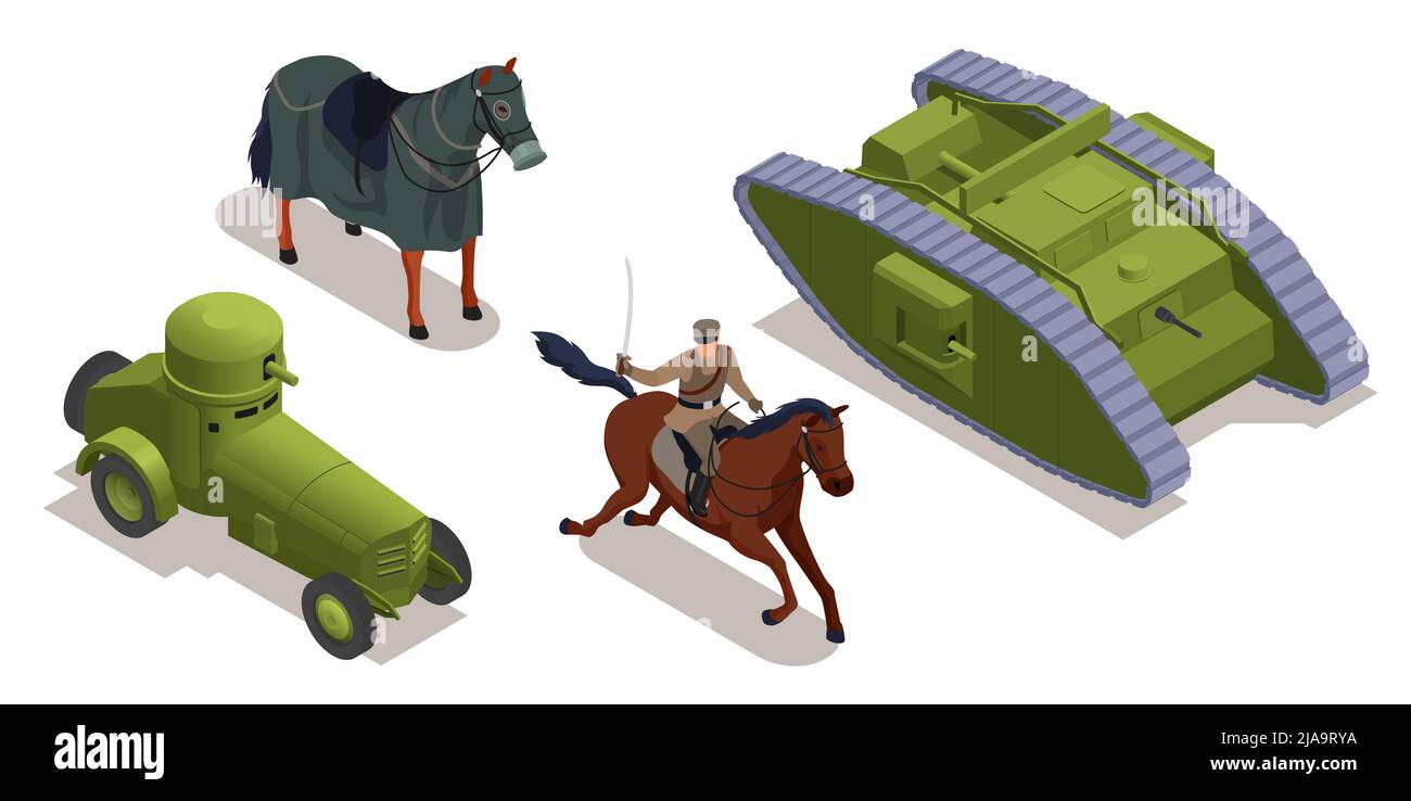 First world war military vehicles and cavalry isometric set isolated vector illustration Stock Vector