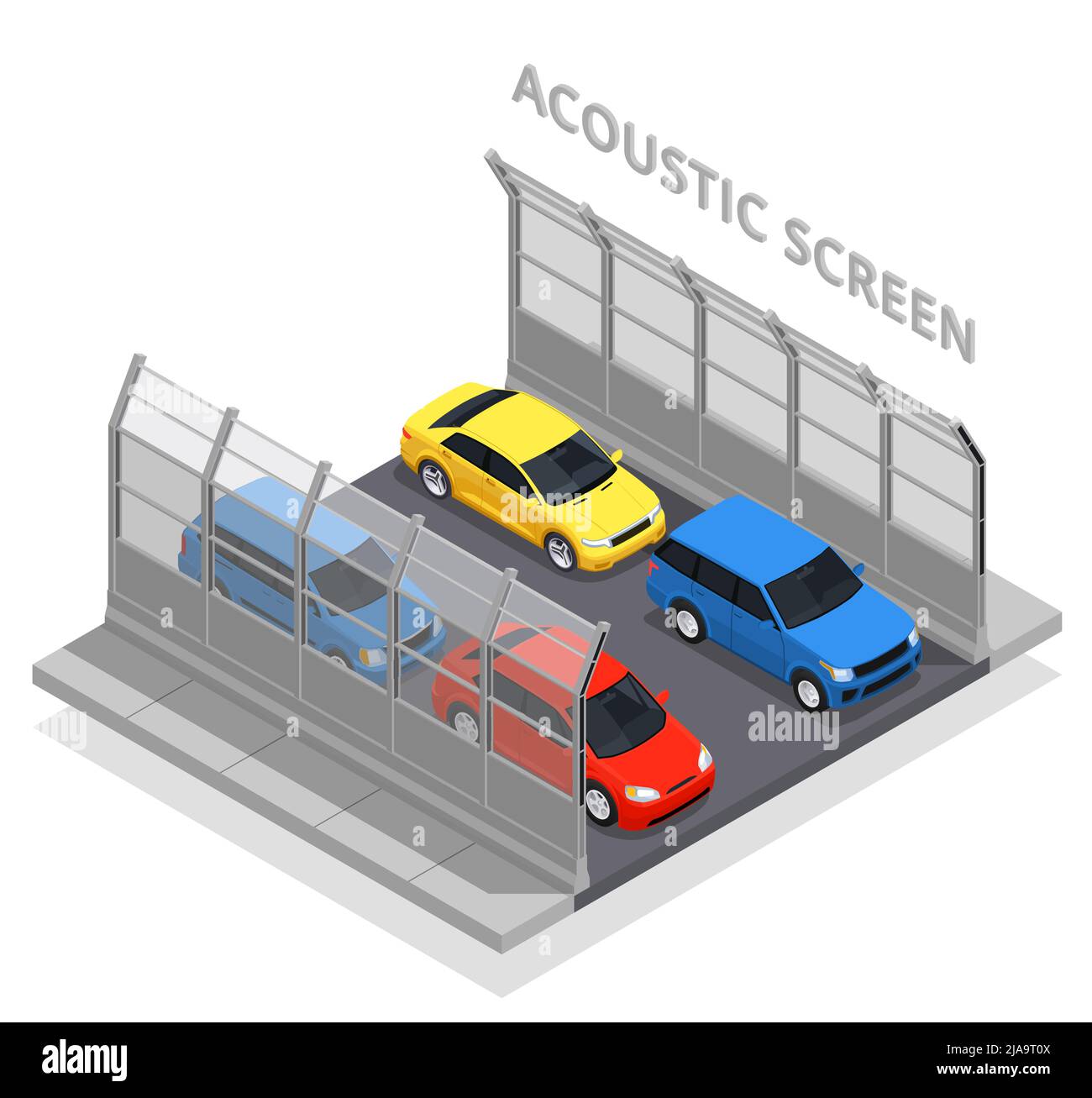 Noise pollution isometric concept with cars on the road and acoustic
