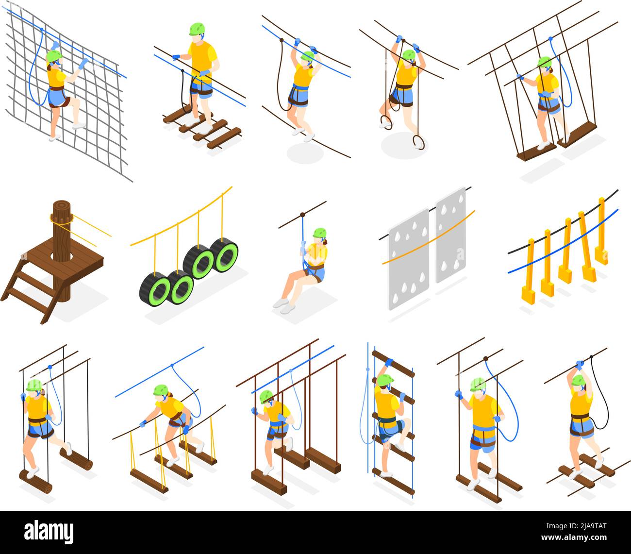 Outdoor activity park isometric icons set of people walking through ropewalk obstructions isolated vector illustration Stock Vector