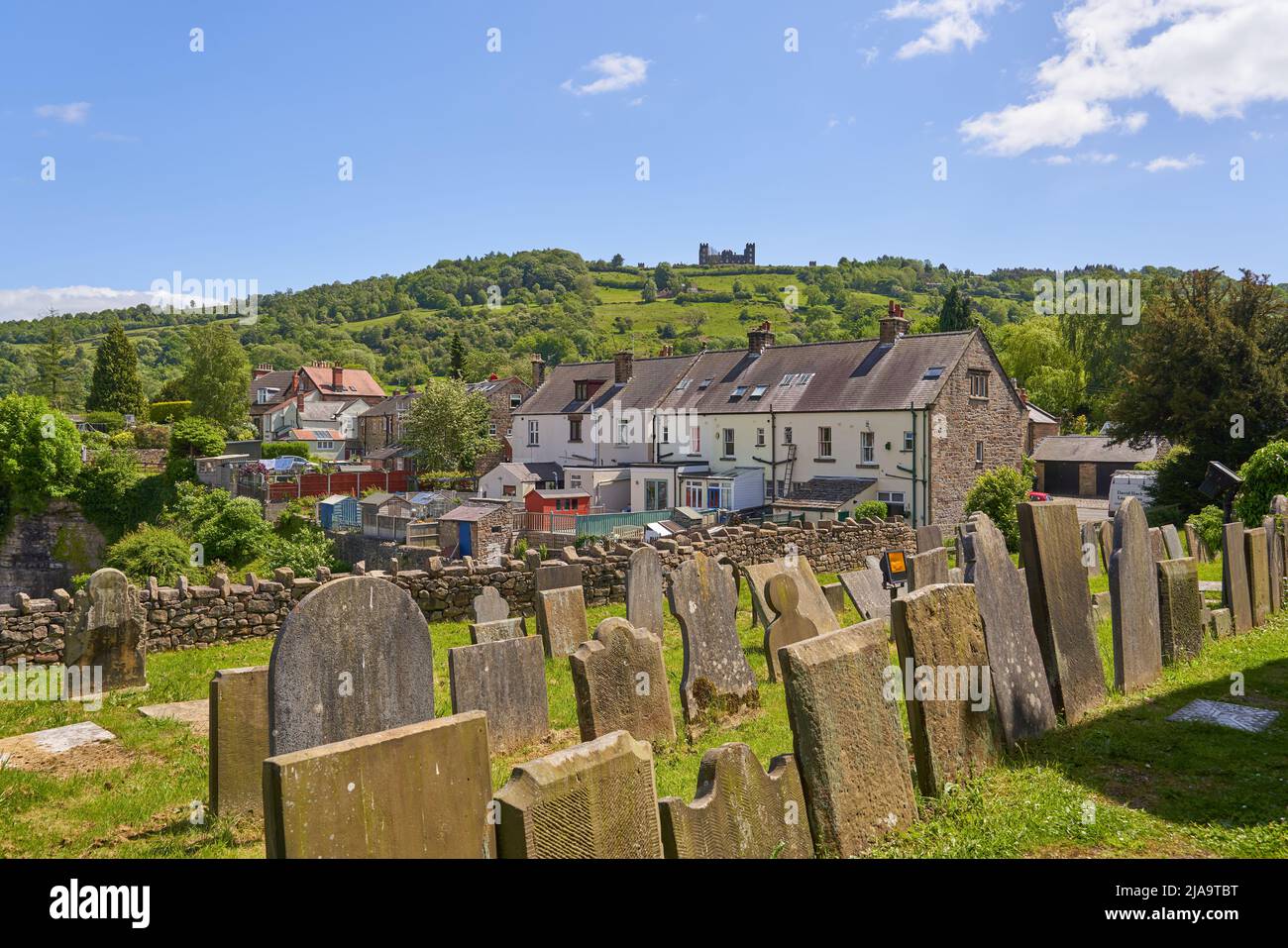 View over houses and hills in Matlock Town, Derbyshire, UK Stock Photo