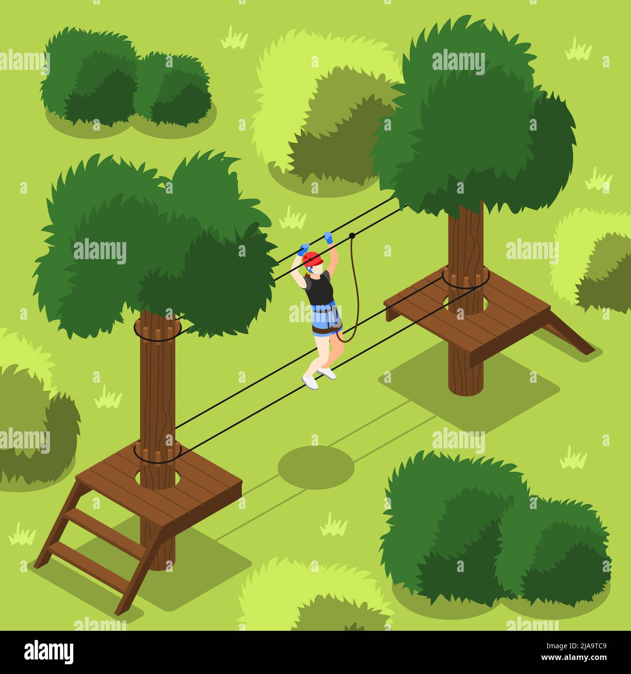 Adventure park isometric background with young female moving along rope way using insurance vector illustration Stock Vector