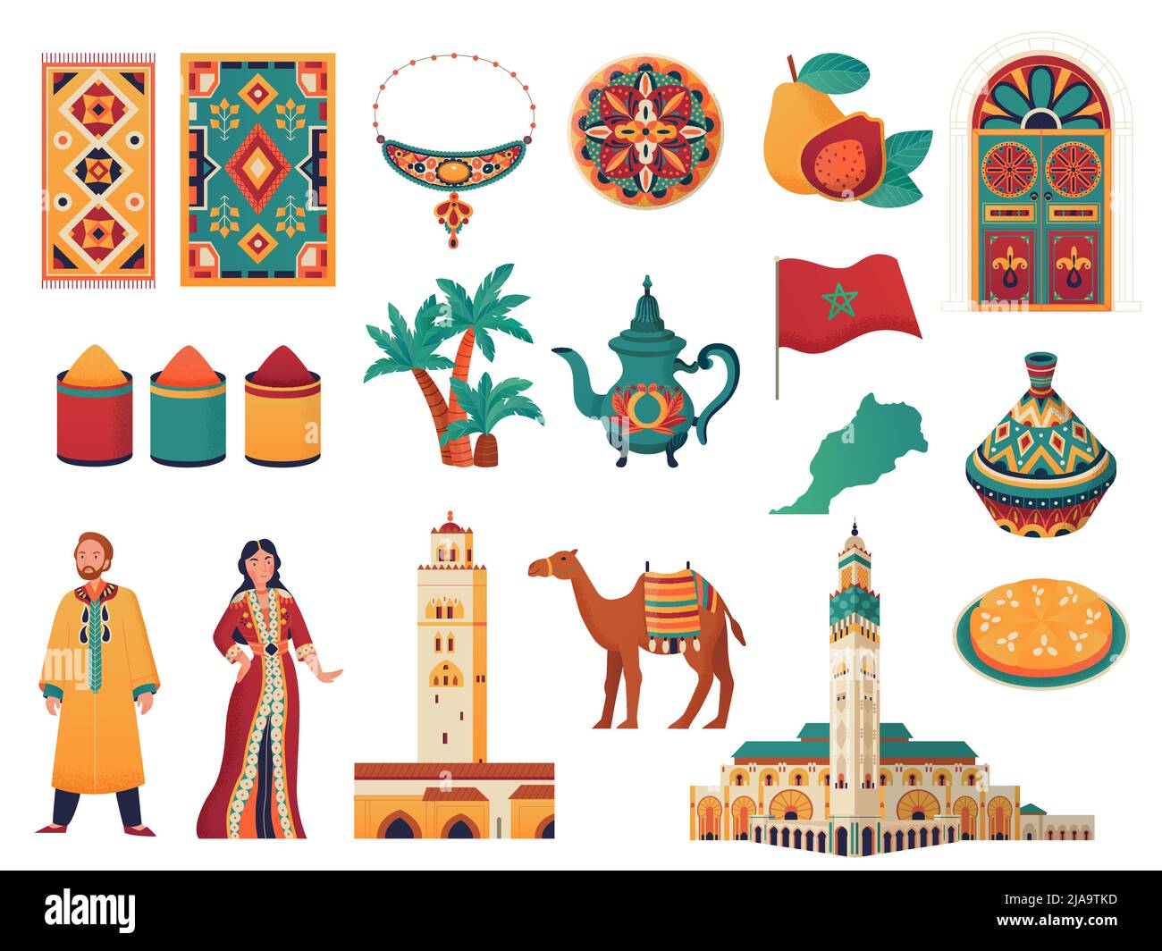 Morocco travel flat set with traditional country symbols cuisine condiments carpets pottery camel people isolated vector illustration Stock Vector