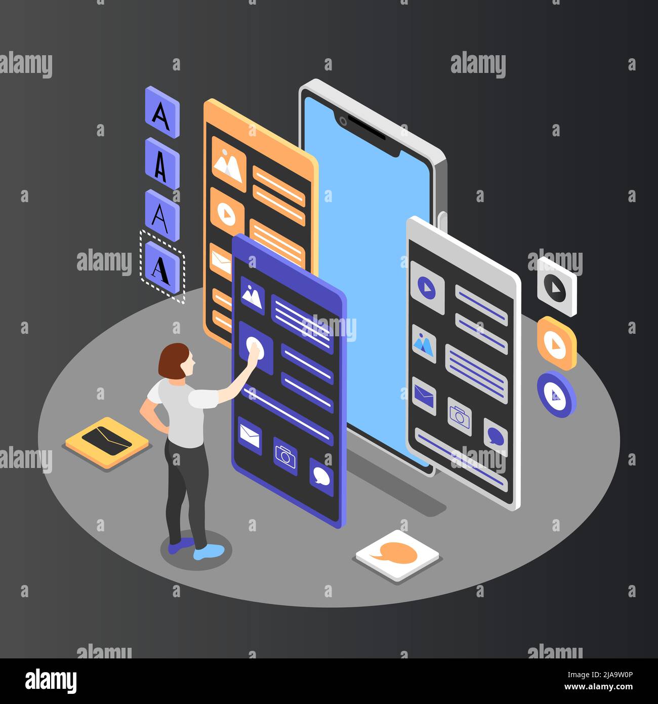 Female designer working on user interface design of mobile application ...