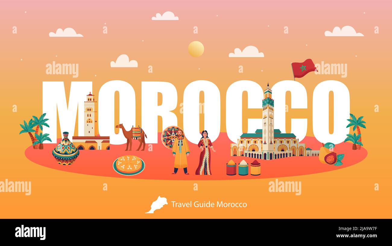 Travel guide morocco horizontal poster with traditional country symbols on orange background vector illustration Stock Vector