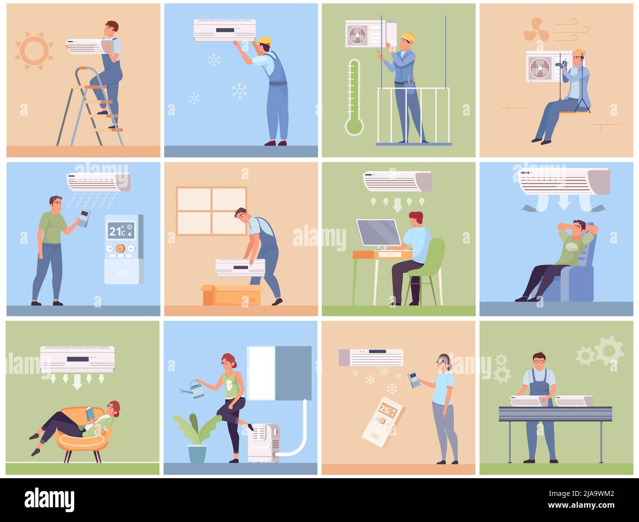 Air conditioning set of flat isolated square compositions with people