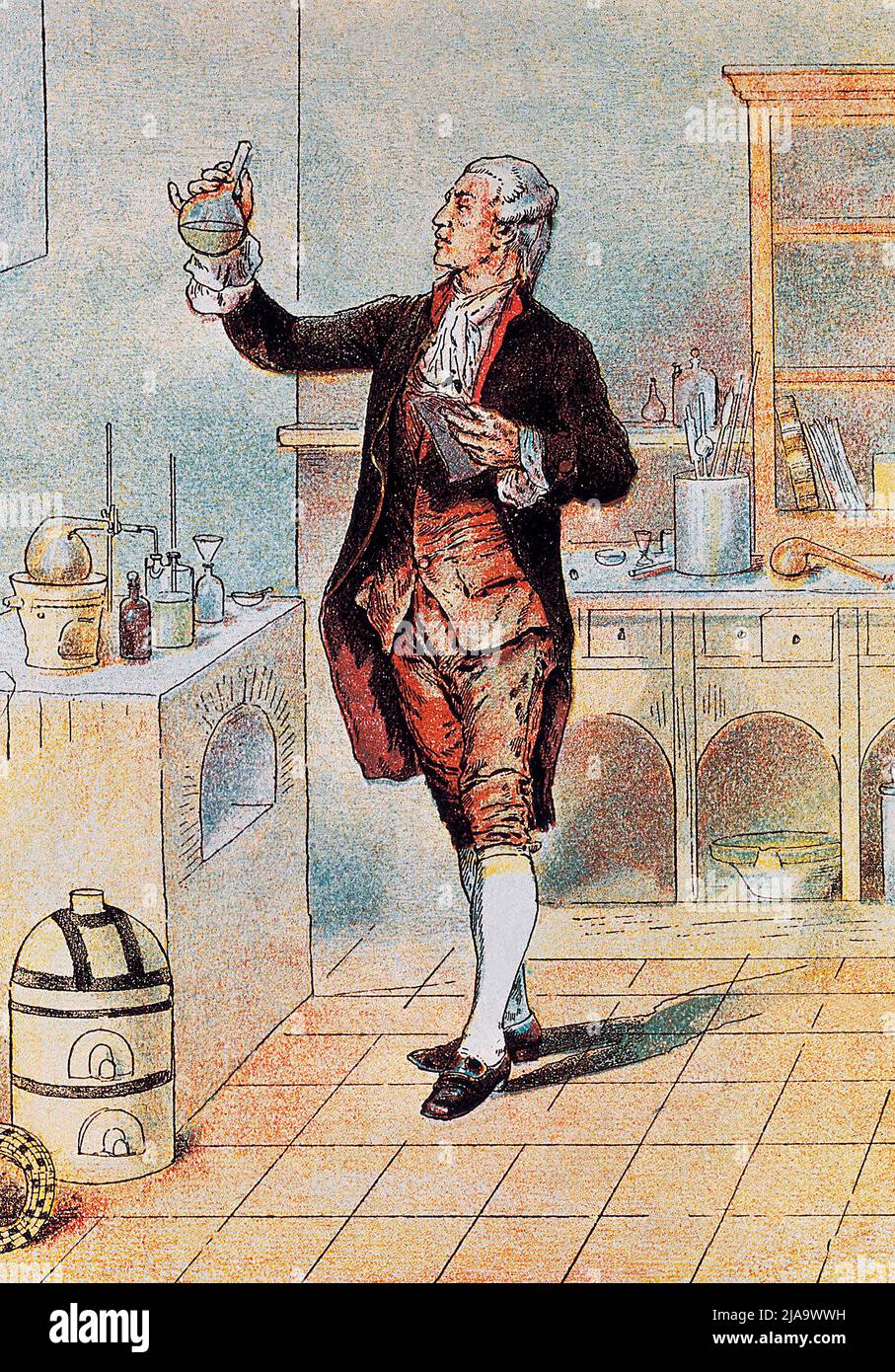 Antoine Laurent Lavoisier (1743-1794), chimiste francais, dans son laboratoire avec une fiole de mercure. Stock Photo