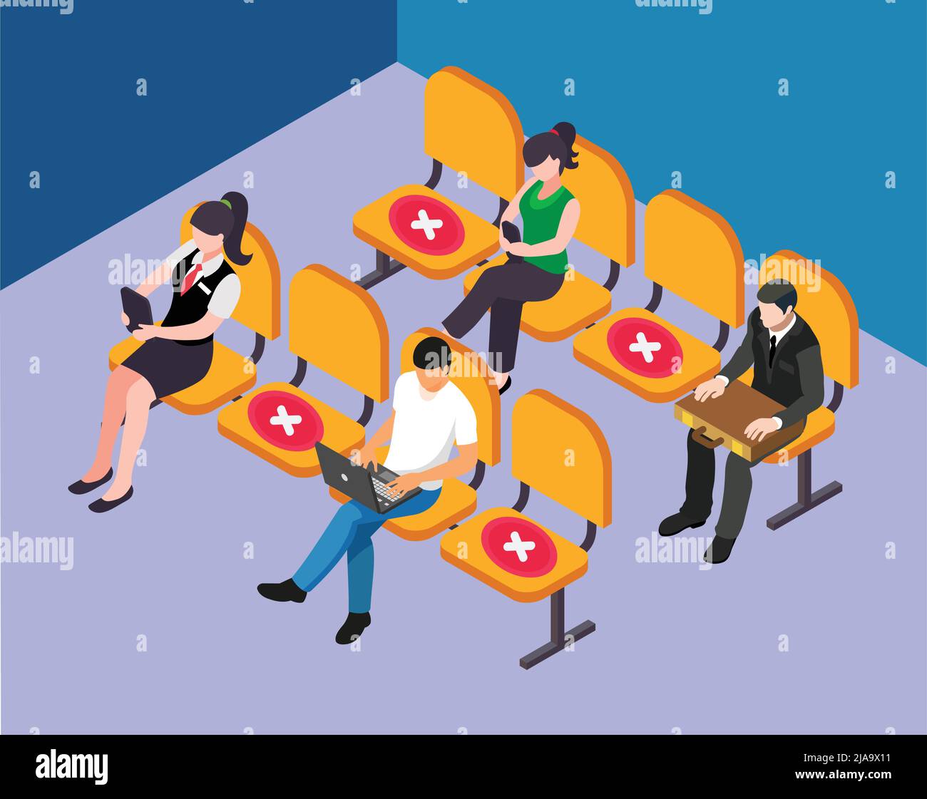 Social distancing at waiting area. People are sitting on chair with maintaining distance for covid 19 virus. Vector illustration of waiting zone. Stock Vector