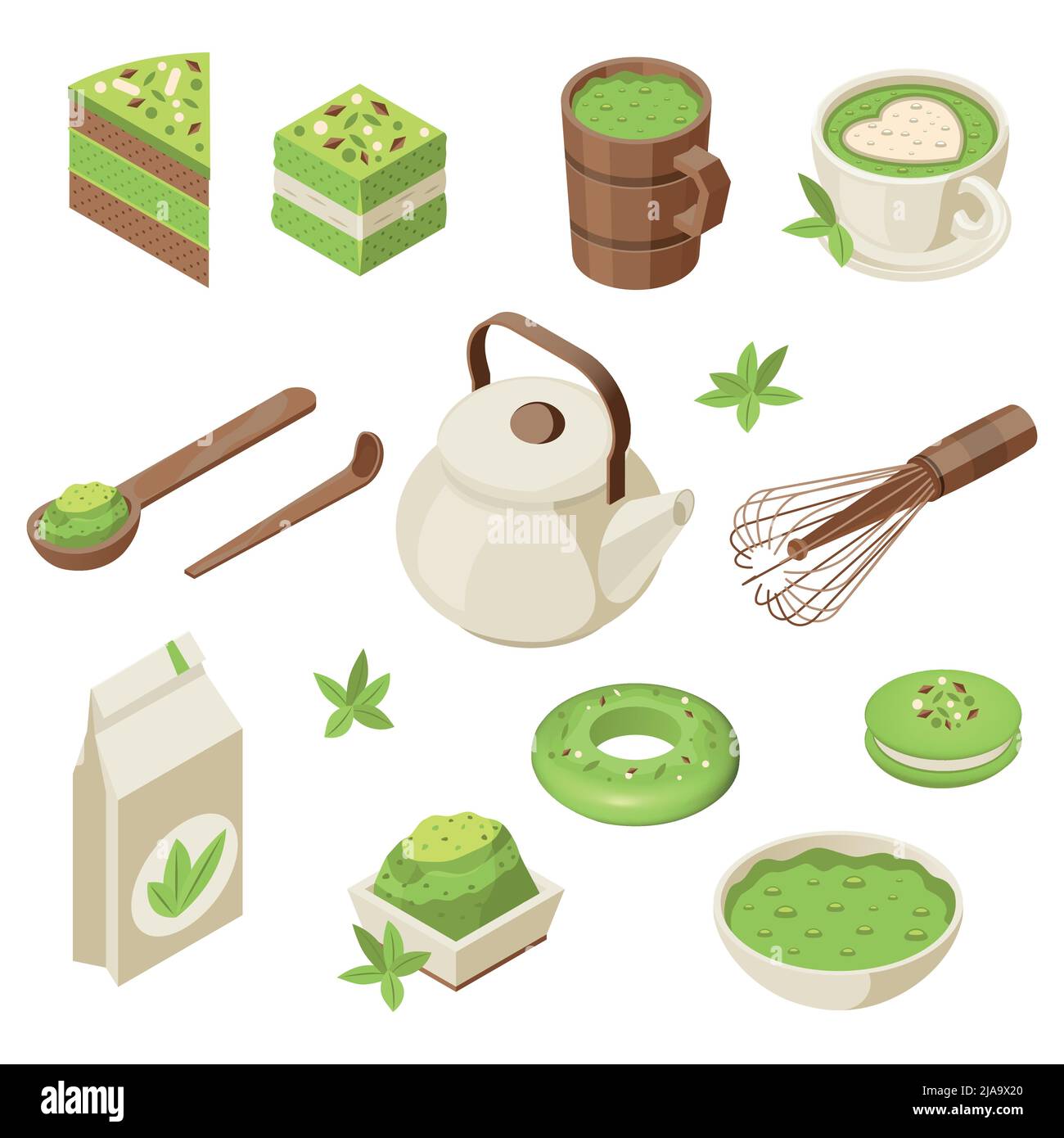 Matcha isometric set with isolated icons of powder cups leaves tea ...