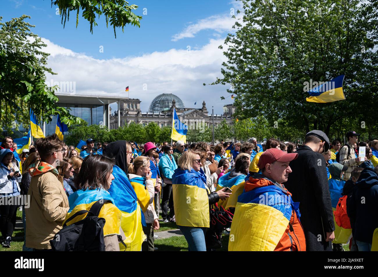 28.05.2022, Berlin, Germany, Europe - Pro EU membership rally with Ukrainians, refugees, activists and supporters in front of the German Chancellery. Stock Photo