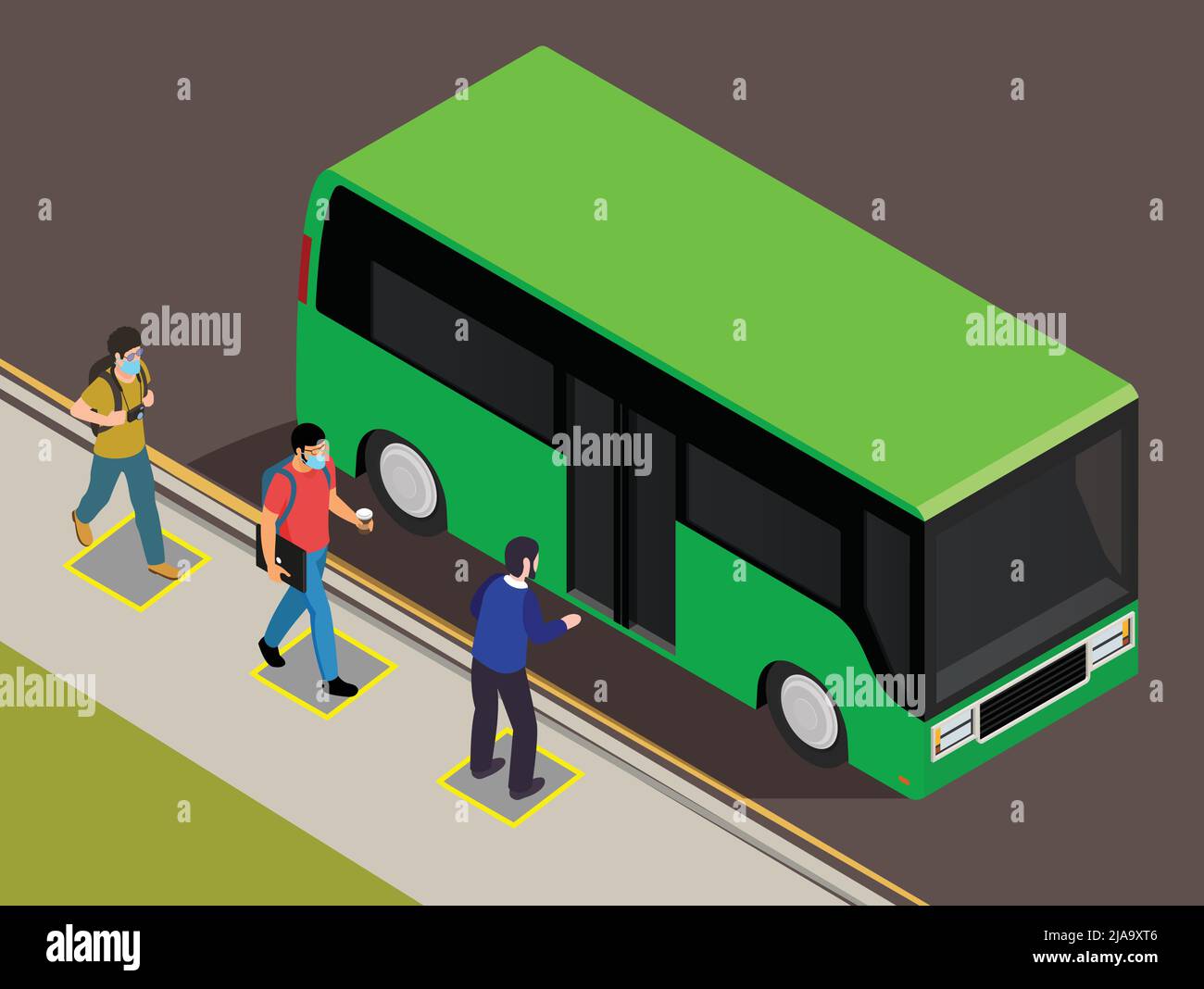 Social distance at public transport. Poster for maintain social distance at office travel bus. Travel poster for covid 19 virus. People are travel in Stock Vector