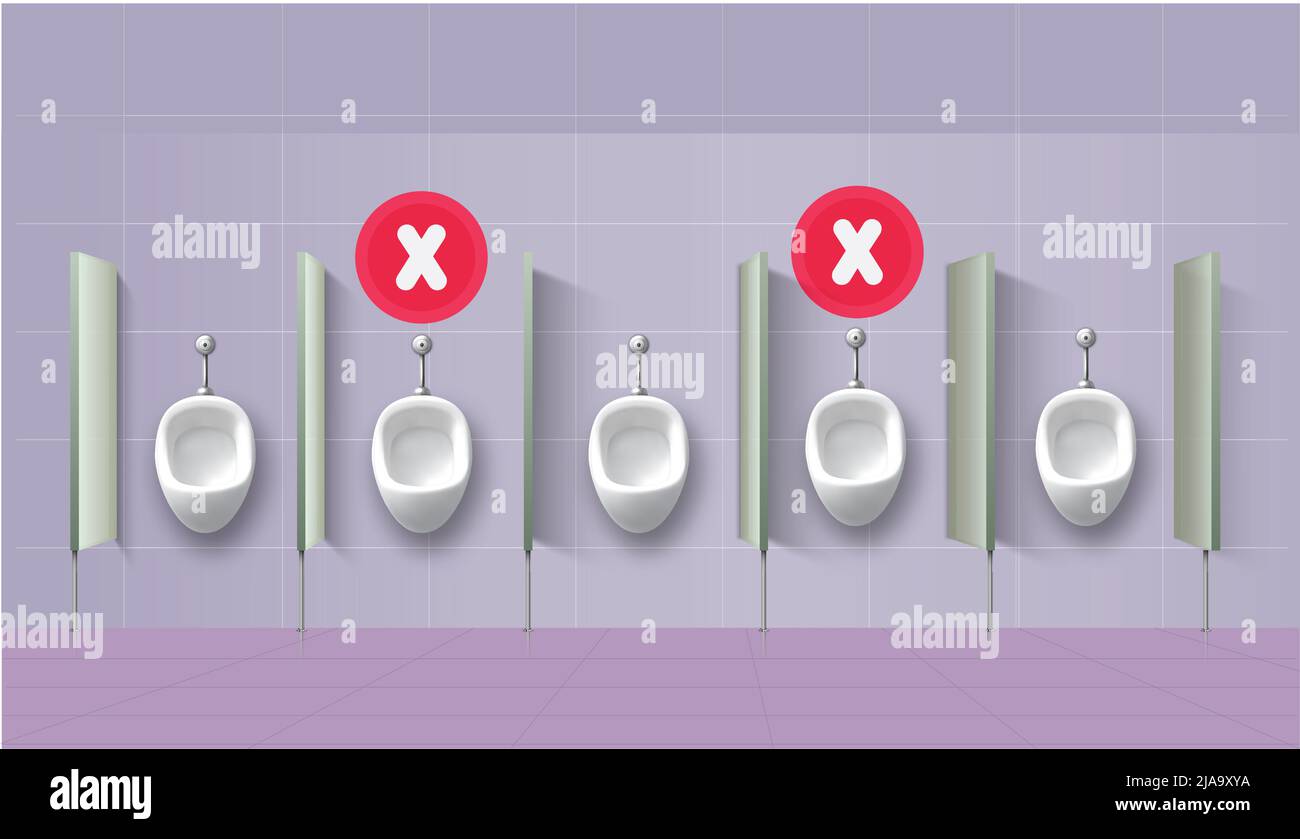 Social distance in washroom urinal. Covid 19 poster for washroom and toilet. People are maintain
