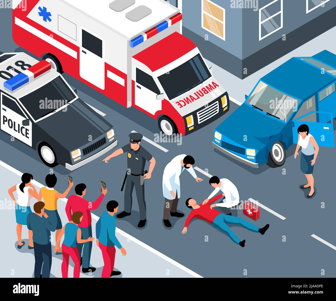 Isometric emergency service composition with outdoor street scenery and doctors helping victim with police ambulance cars vector illustration Stock Vector