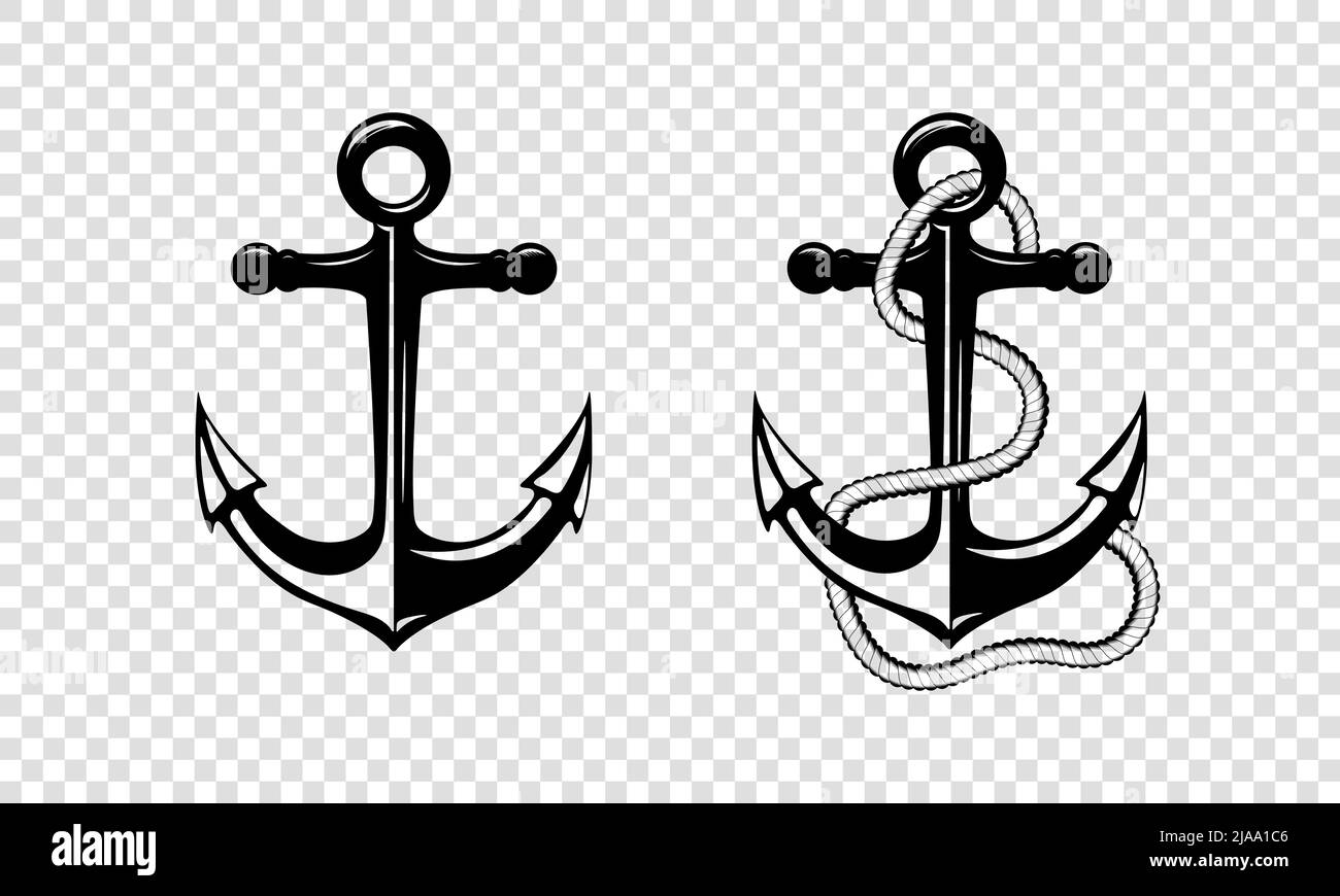 Vector Hand drawn Anchor Icon Set Isolated. Design Template for Tattoos, Tshirt, Logo, Labels. Anchor with Rope. Antique Vintage Marine Anchors Stock Vector