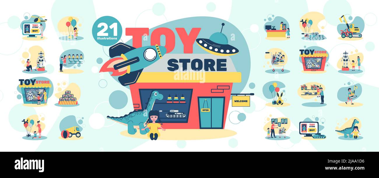 Toy store set with isolated compositions of flat icons with human ...
