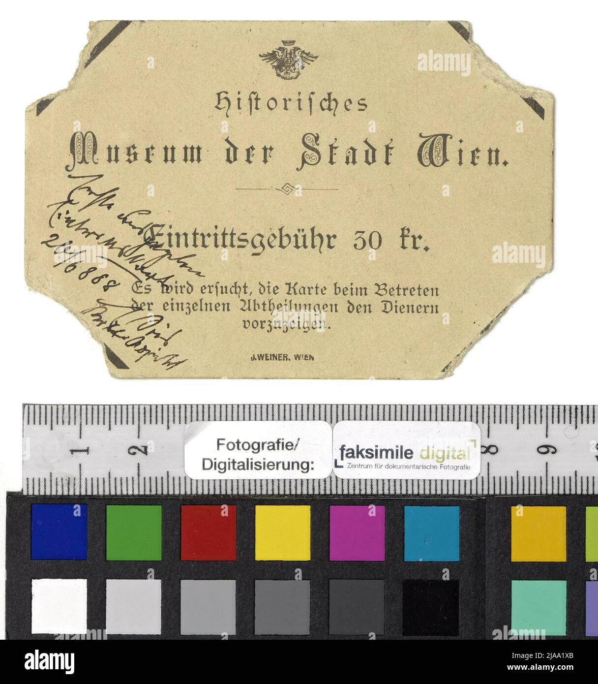 The first issued admission ticket for the Historical Museum of the City of Vienna. Unknown Stock Photo