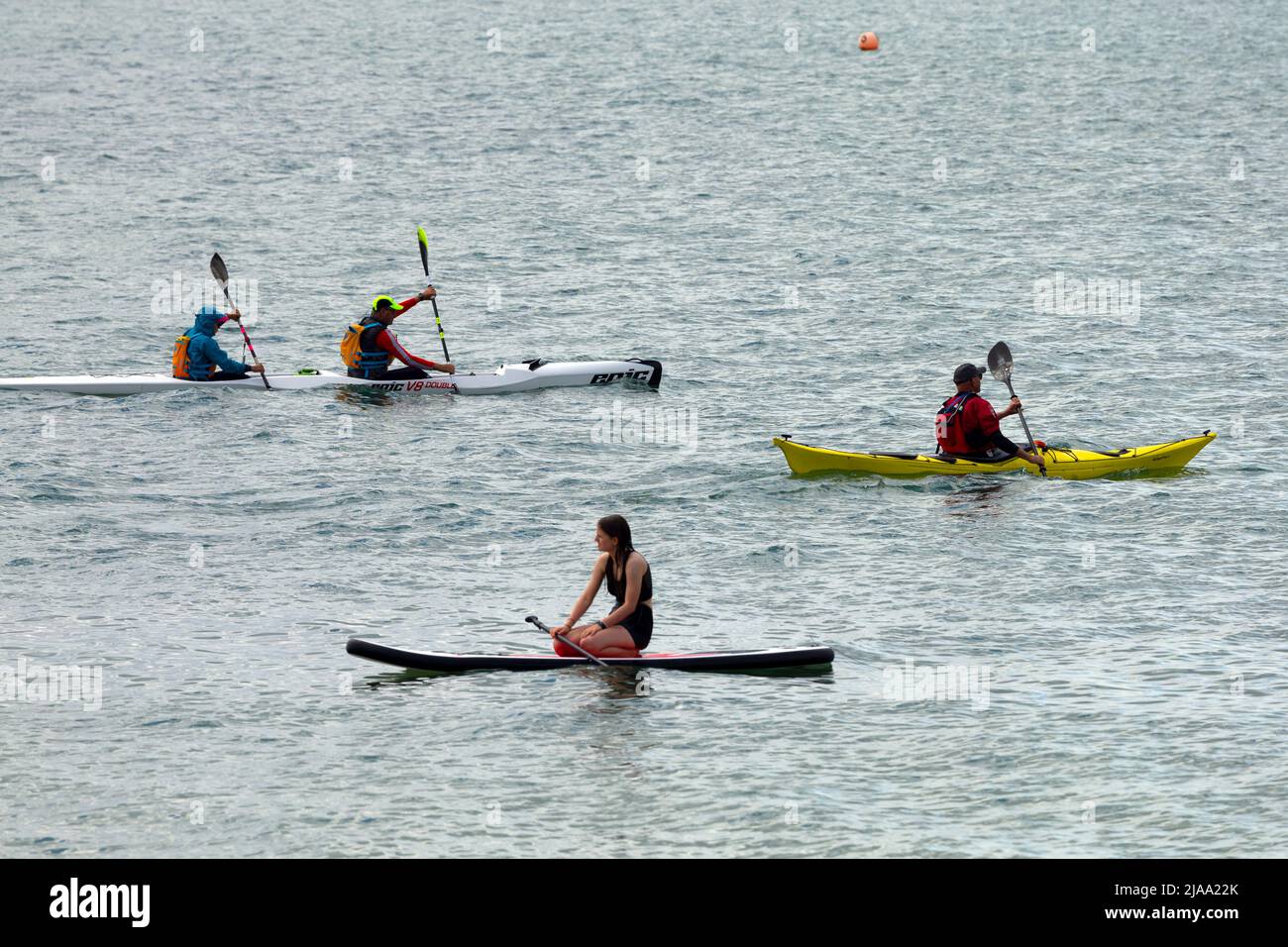 The Solent,sea,ocean,Kayak,Canoe,Gurnard,Isle of Wight,England,UK,Britain,British, Stock Photo
