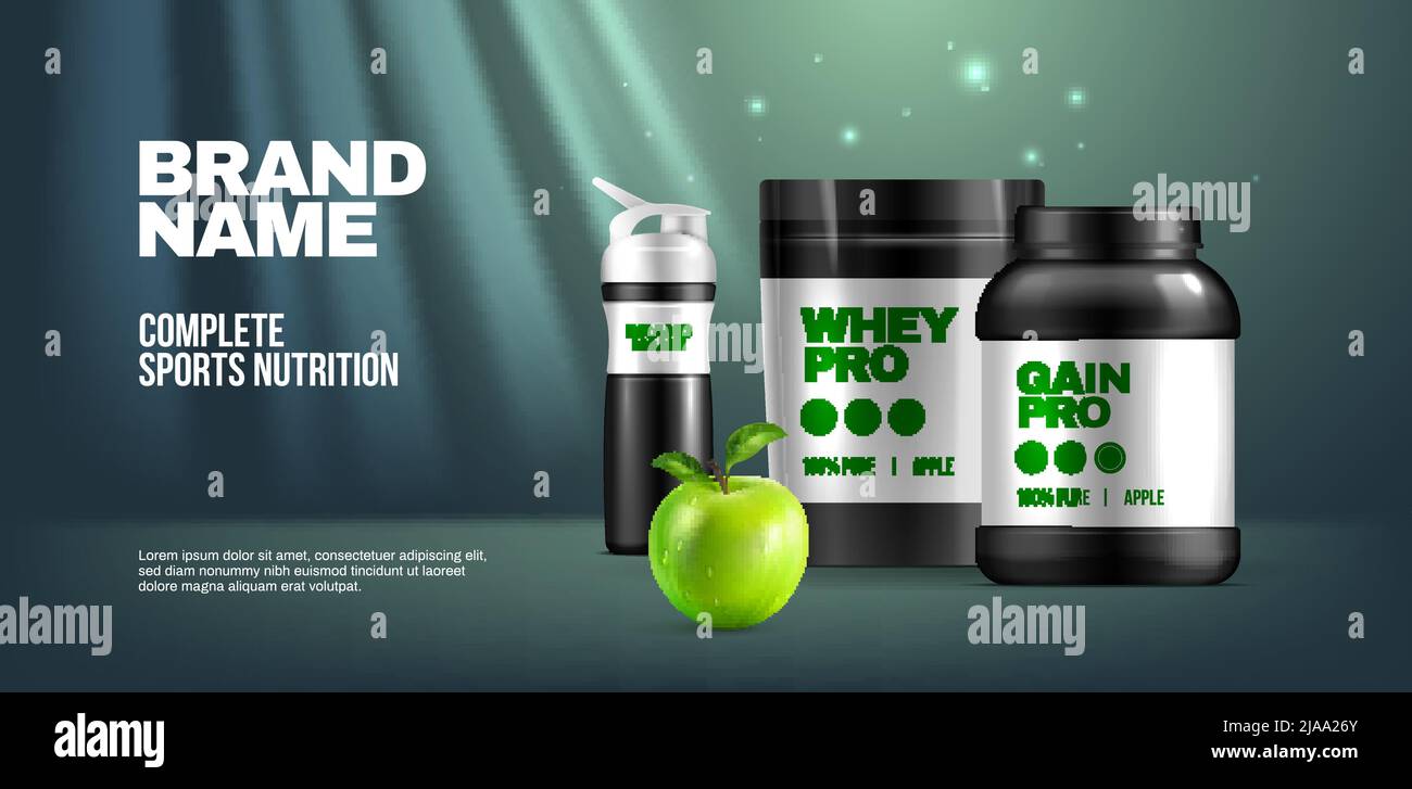 Sports nutrition poster with whey protein and supplements realistic