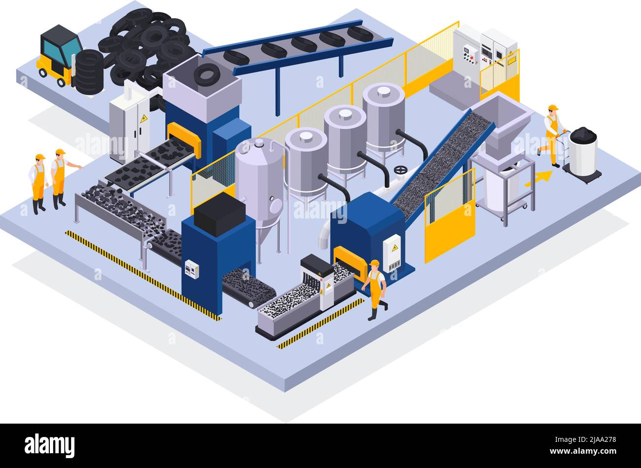 Tire production isometric background with manufacturing stages from raw