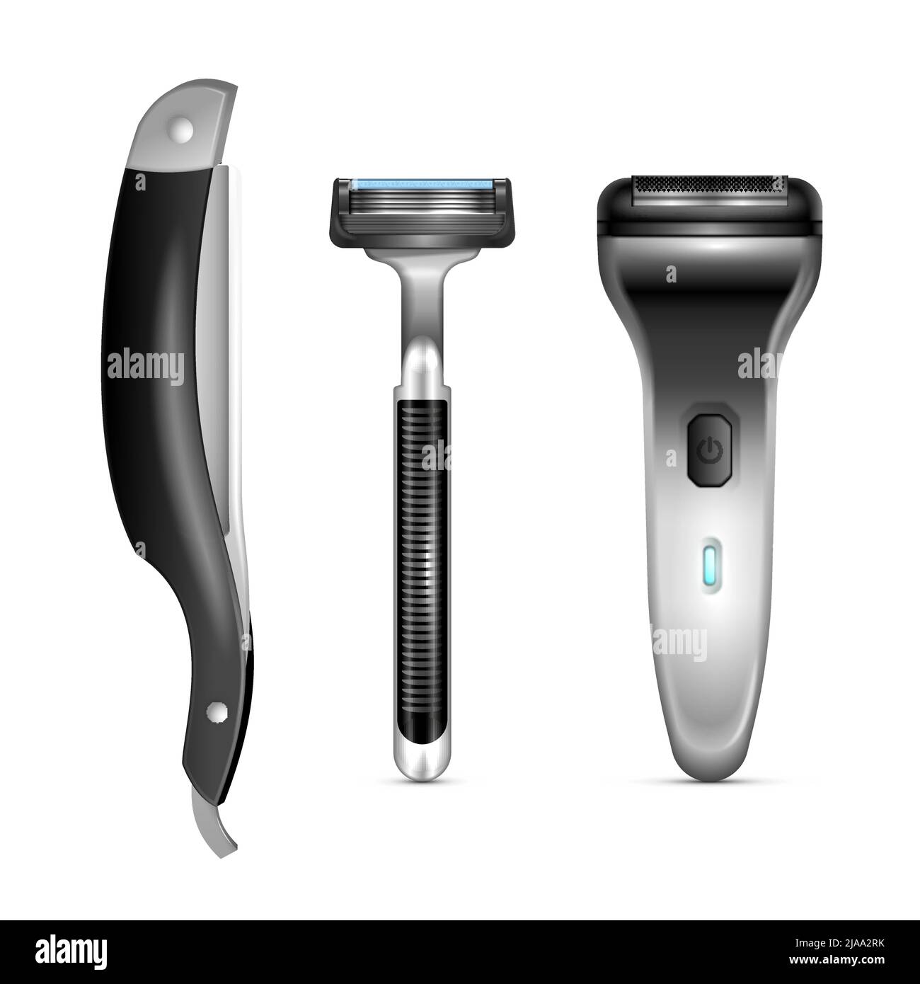 Realistic set of male razors with classic and electric blades isolated ...