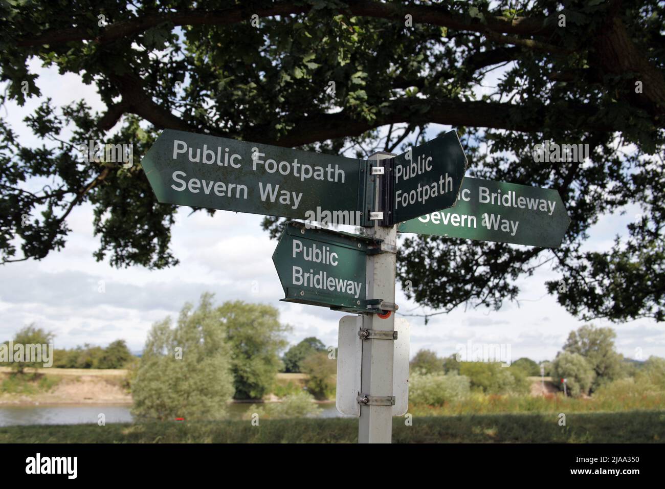 Public Footpath and Bridleway signs on the banks of the River Severn near Deerhurst, Gloucestershire Stock Photo