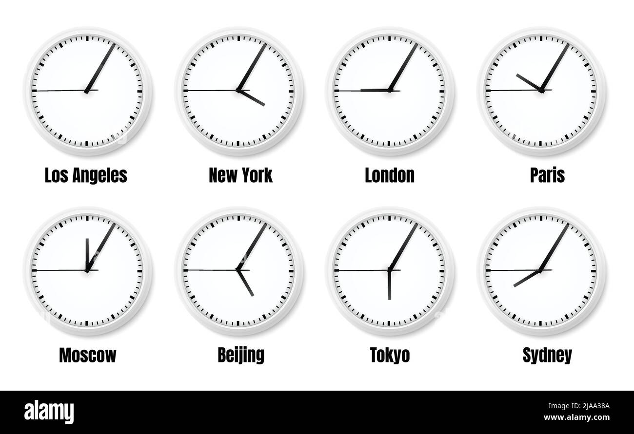 Office clock timezones realistic composition with clocks showing time