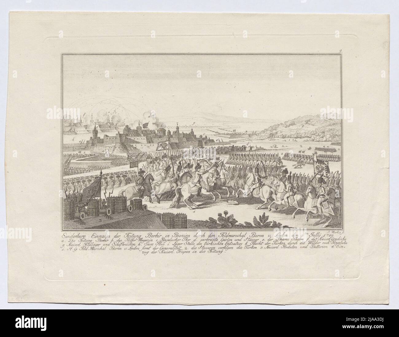 Taking the Berbiz for Fortress in Bosnia by Feldmarschall Laudon on July 9, 1789. J. Markin, Copper Engraver Stock Photo