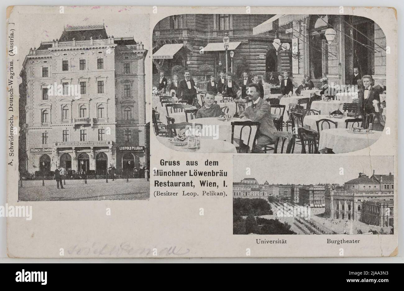 1st, University Ring (formerly Franzensring) - Munich Löwenbräu, beer hall, postcard. A. Schwidernoch, producer Stock Photo