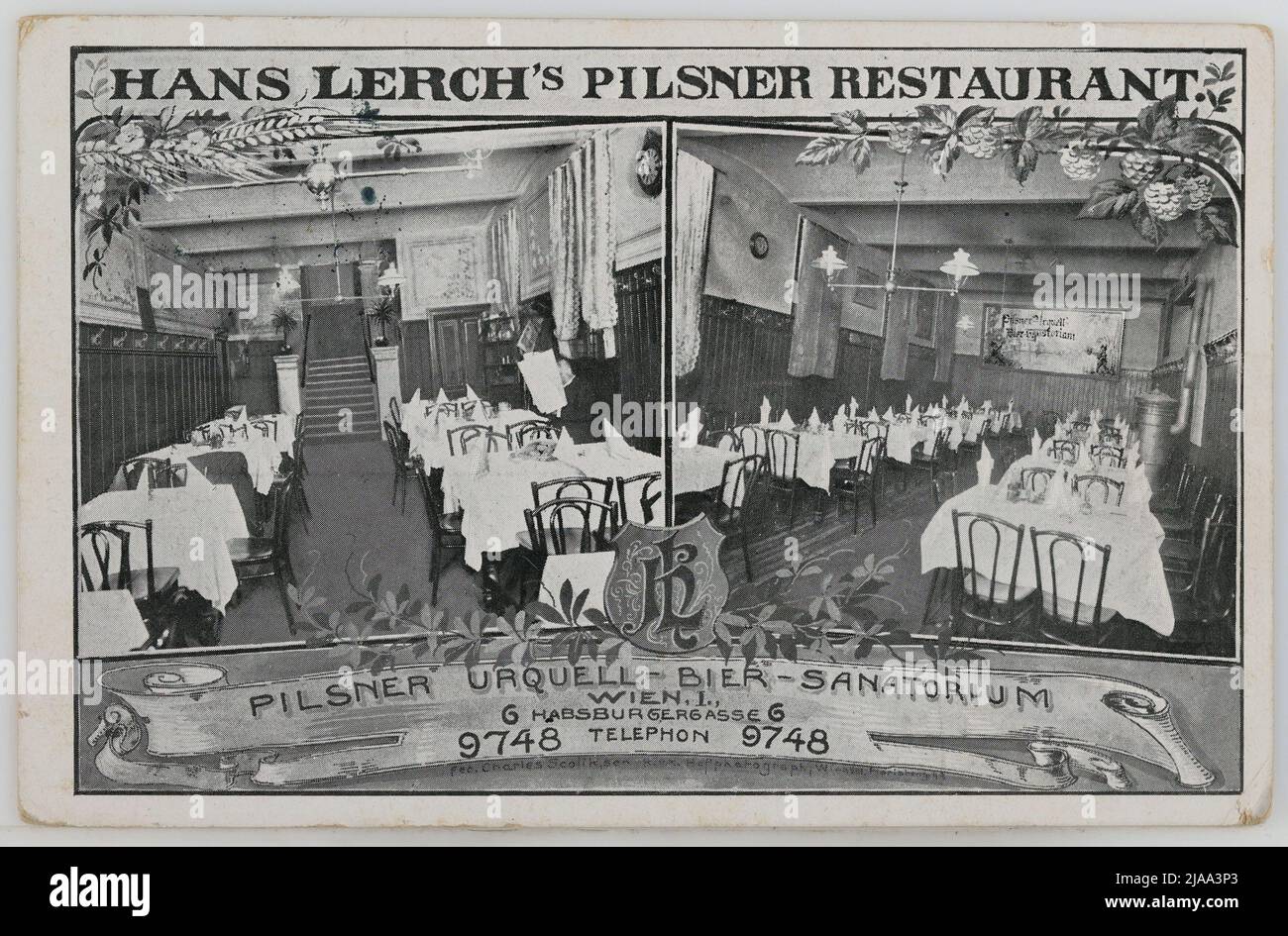 1., Habsburgergasse 6-'Hans Lerch's Pilsner Restaurant' / 'Pilsner Urquell beer-sanatorium', postcard. Charles Scolik (1854-1928), photographer, publisher Stock Photo