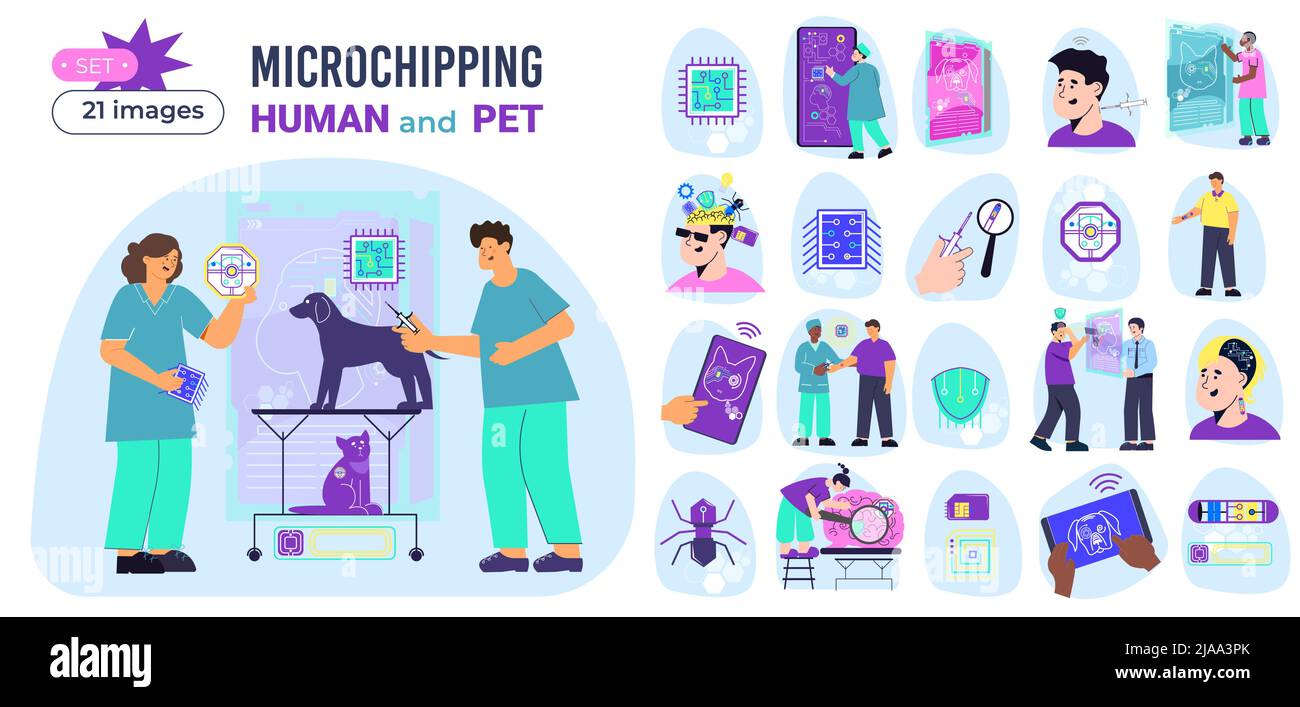 Micro chip compositions set of flat isolated icons with computer circuitry spyware protection people and pets vector illustration Stock Vector