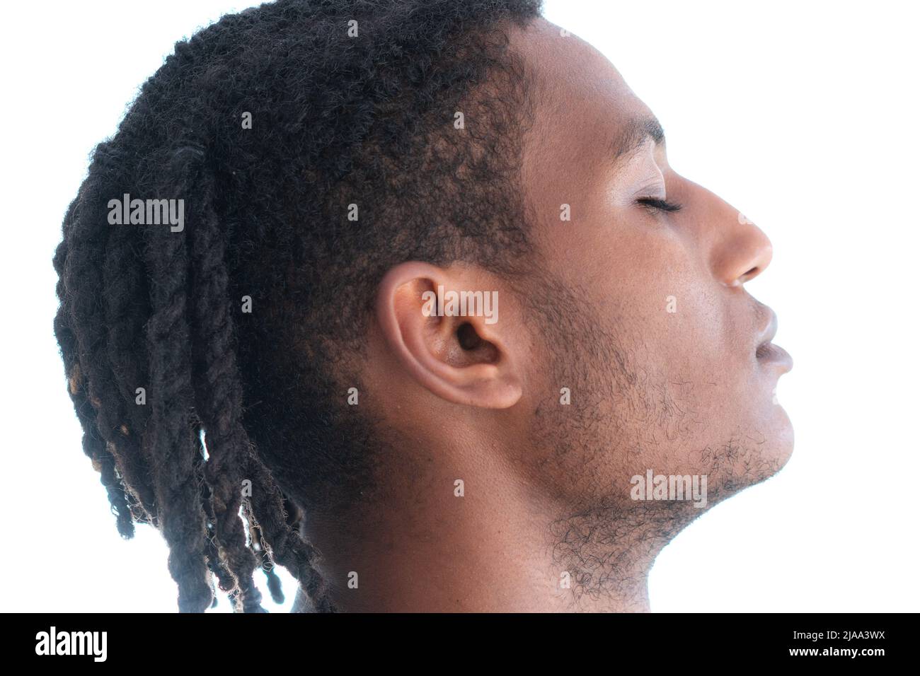 A portrait of a young man with dreadlocks isolated on a white ...